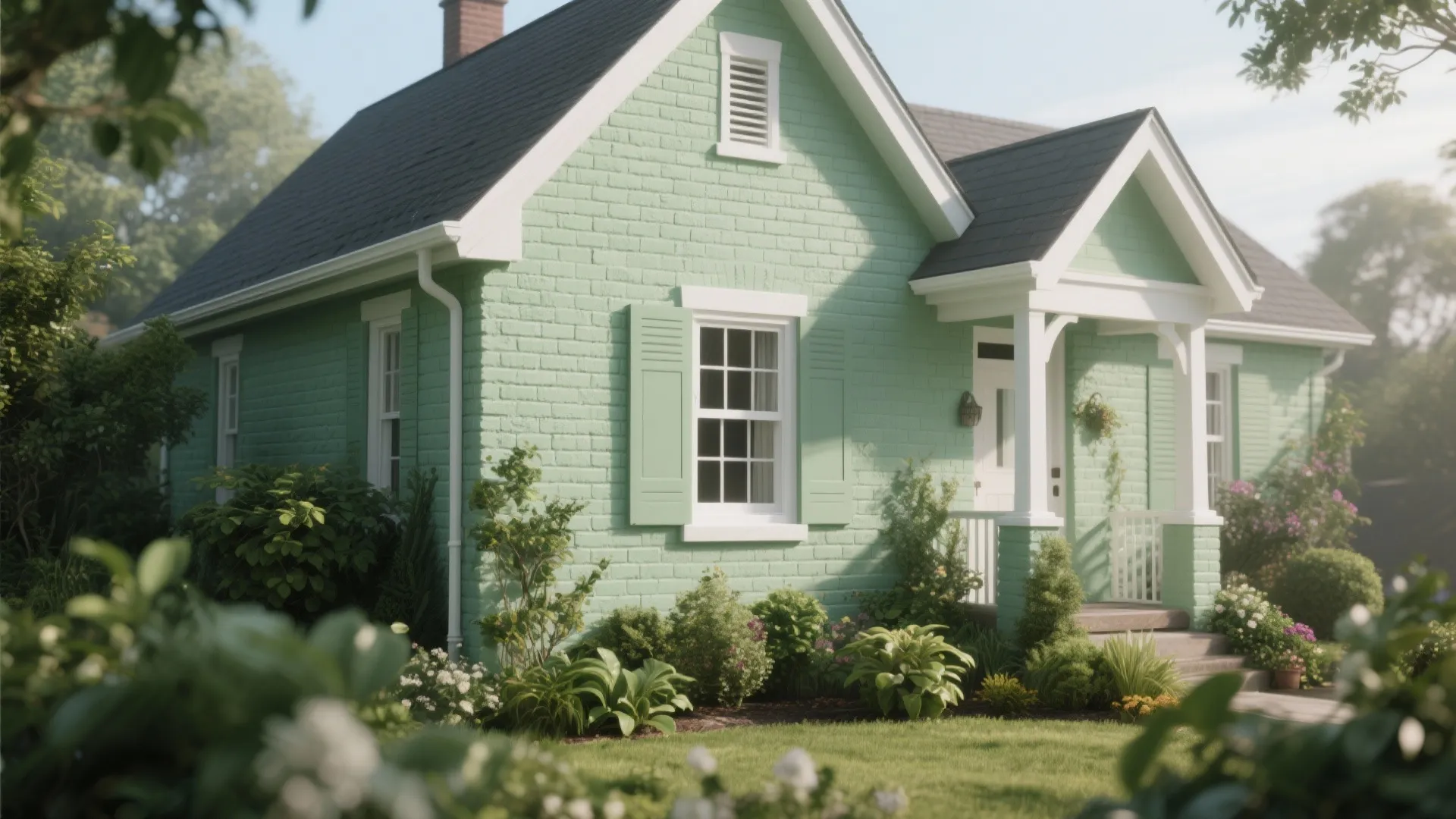 Green brick house with white window shutters small front porch and green grass garden area design