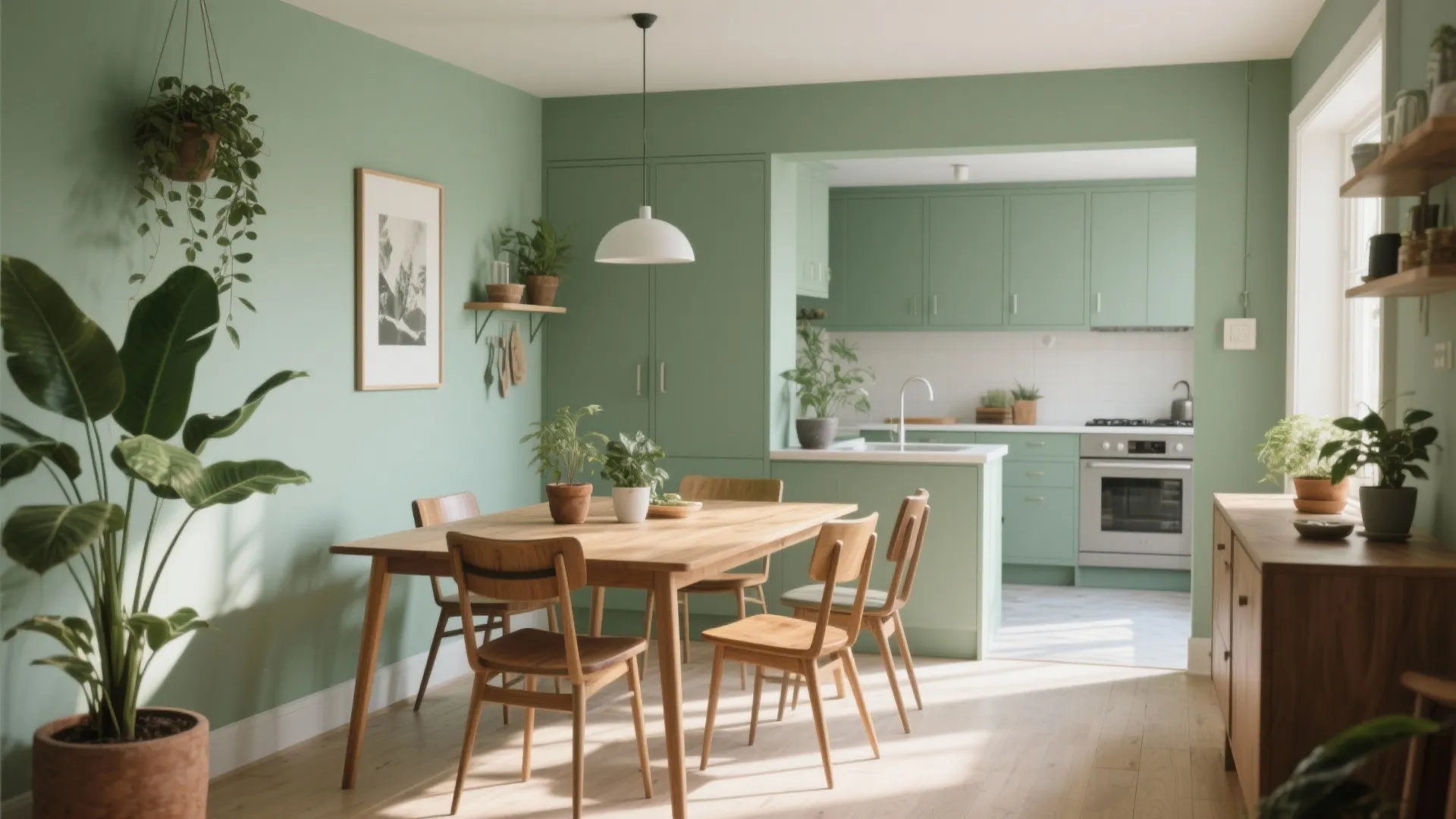 Open plan kitchen and dining room with sage green walls wooden furniture and indoor plants