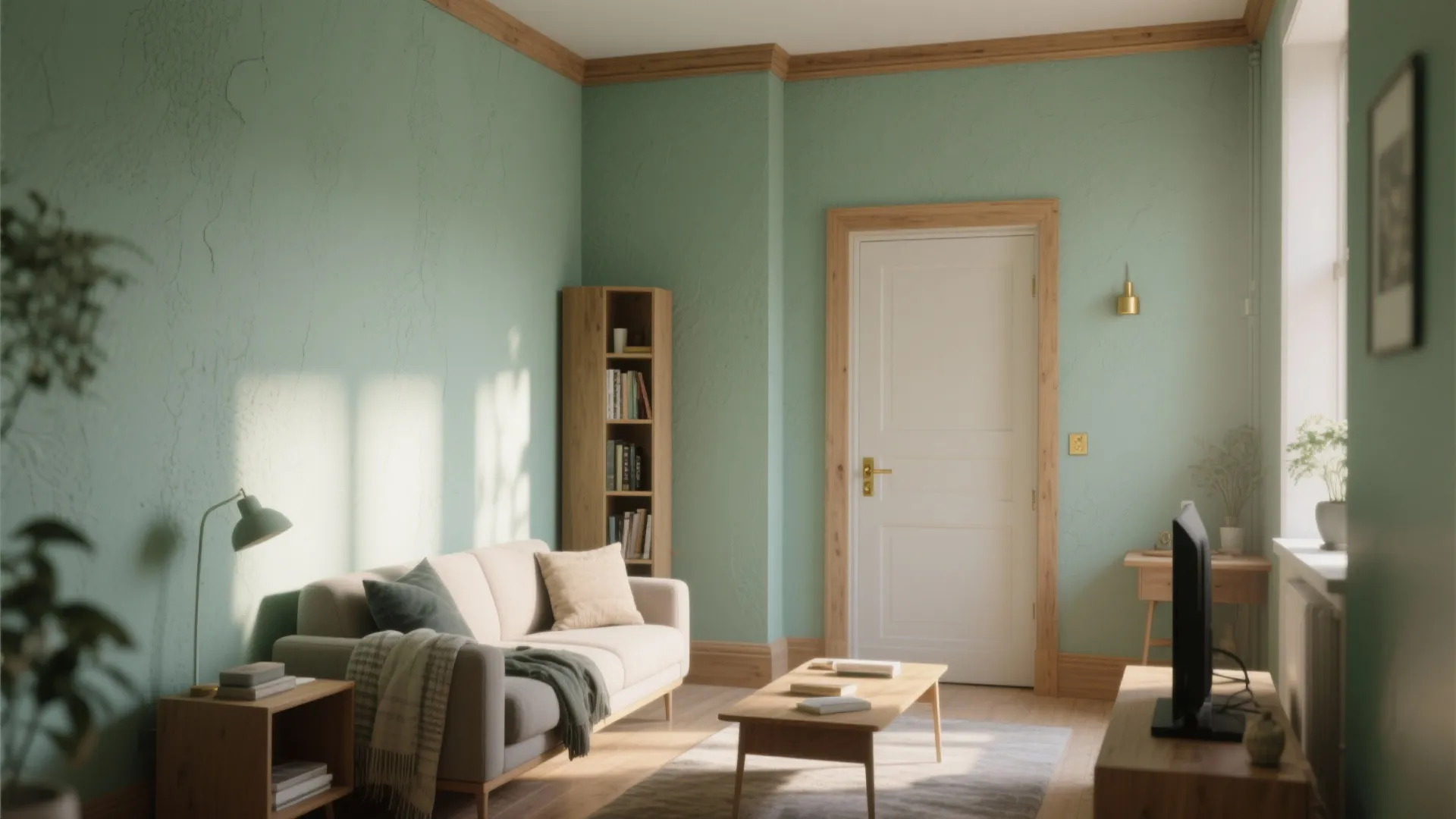 Cozy living room with light green walls white sofa wooden coffee table and natural sunlight