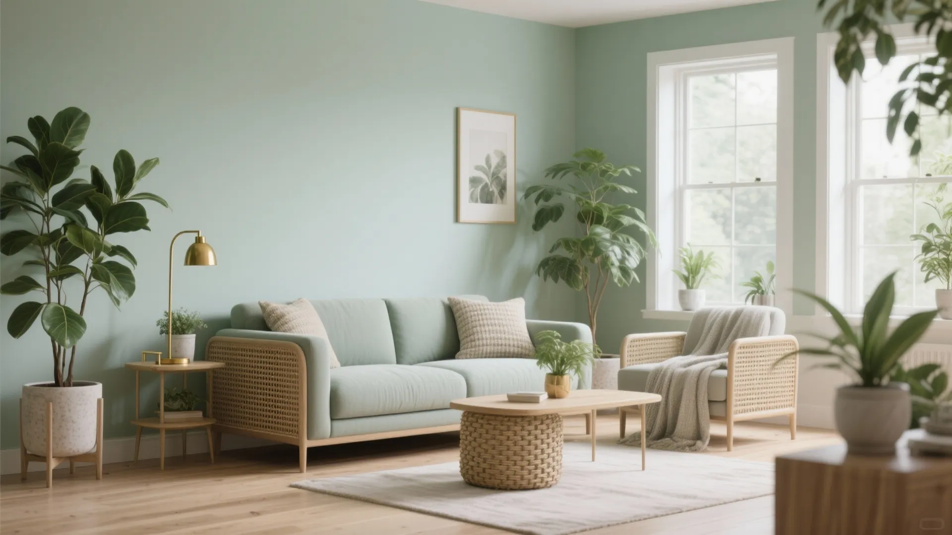 Sage green living room with a light blue sofa wooden coffee table and indoor green plants