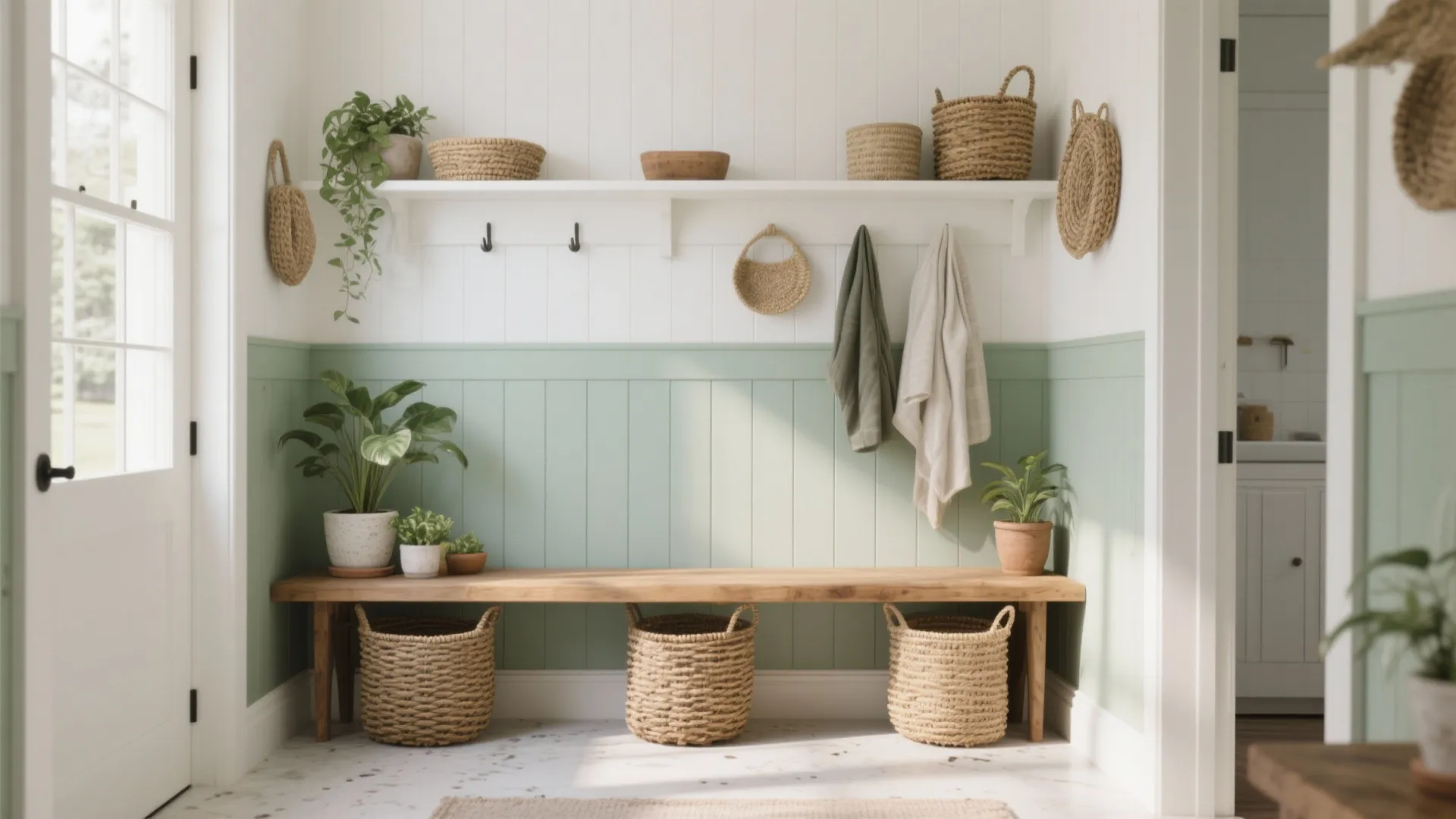 Mudroom with soft sage paint on the lower half, white upper walls, natural fibers and plants for a farmhouse feel.