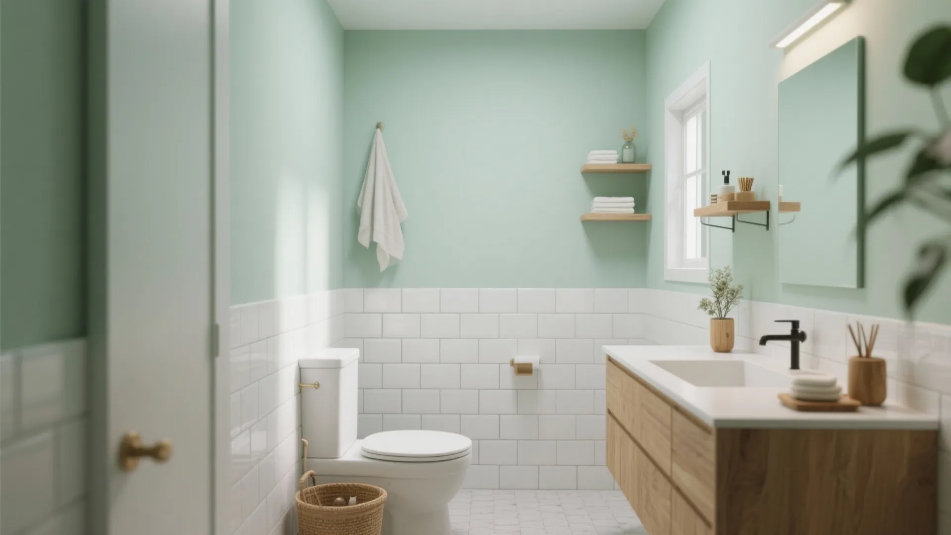 Modern bathroom with sage green walls white subway tiles wooden cabinet white toilet and natural light