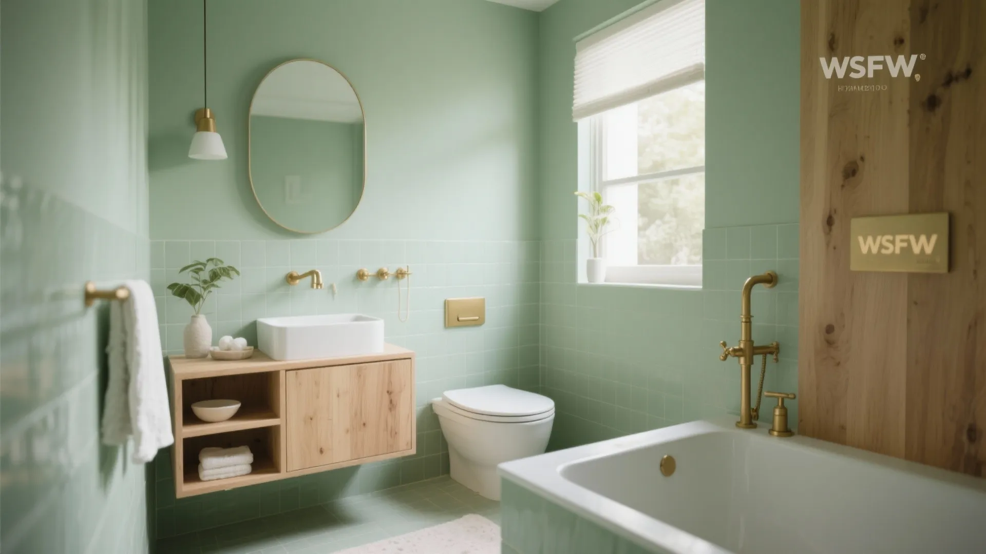 Sage green bathroom featuring wooden cabinet with white sink, gold hardware, oval mirror and bathtub