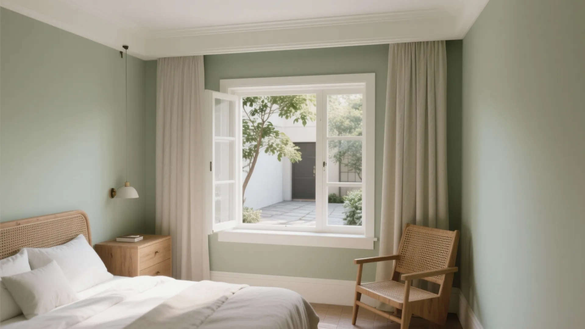 Sage green bedroom featuring wooden chair white curtain open window wooden bedside table and wall light