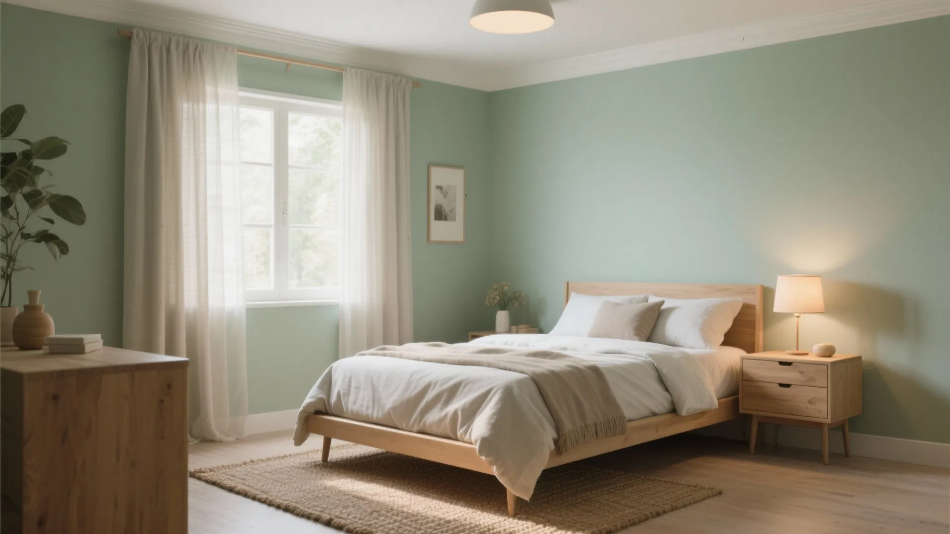 Sage green bedroom with wooden bed frame white curtains ceiling light and small nightstand lamp
