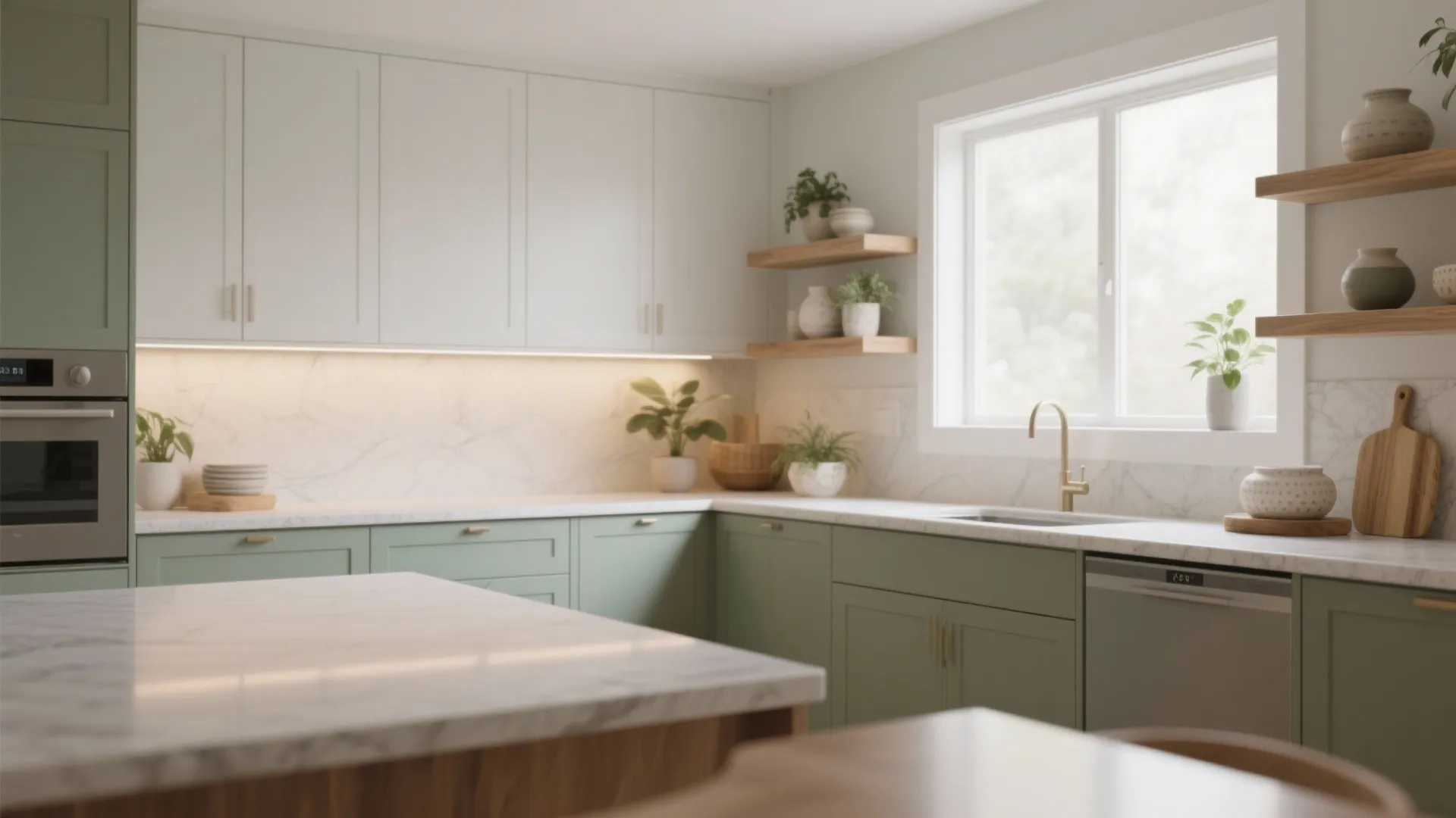 1. Soft sage cabinets with warm grey counters
