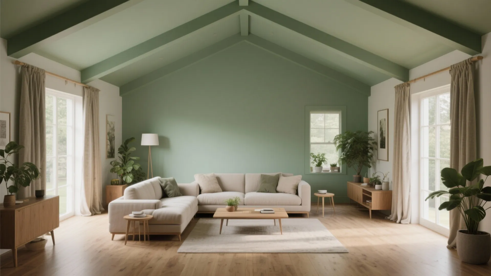 Modern living room with sage green vaulted ceiling beige sofa wooden coffee table and plants