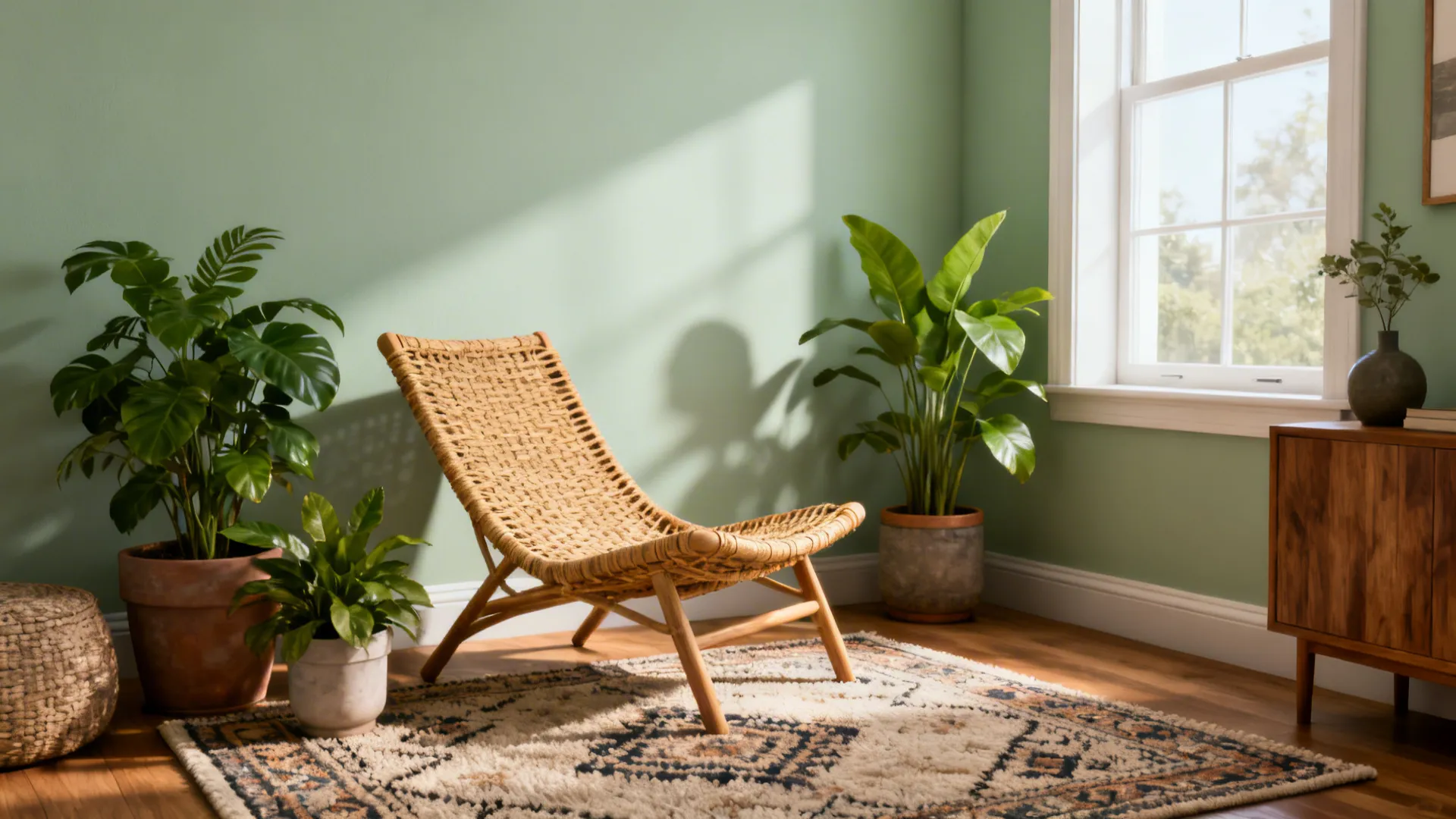 Compact living room corner in soft sage with rattan chair, plants and warm wood accents.