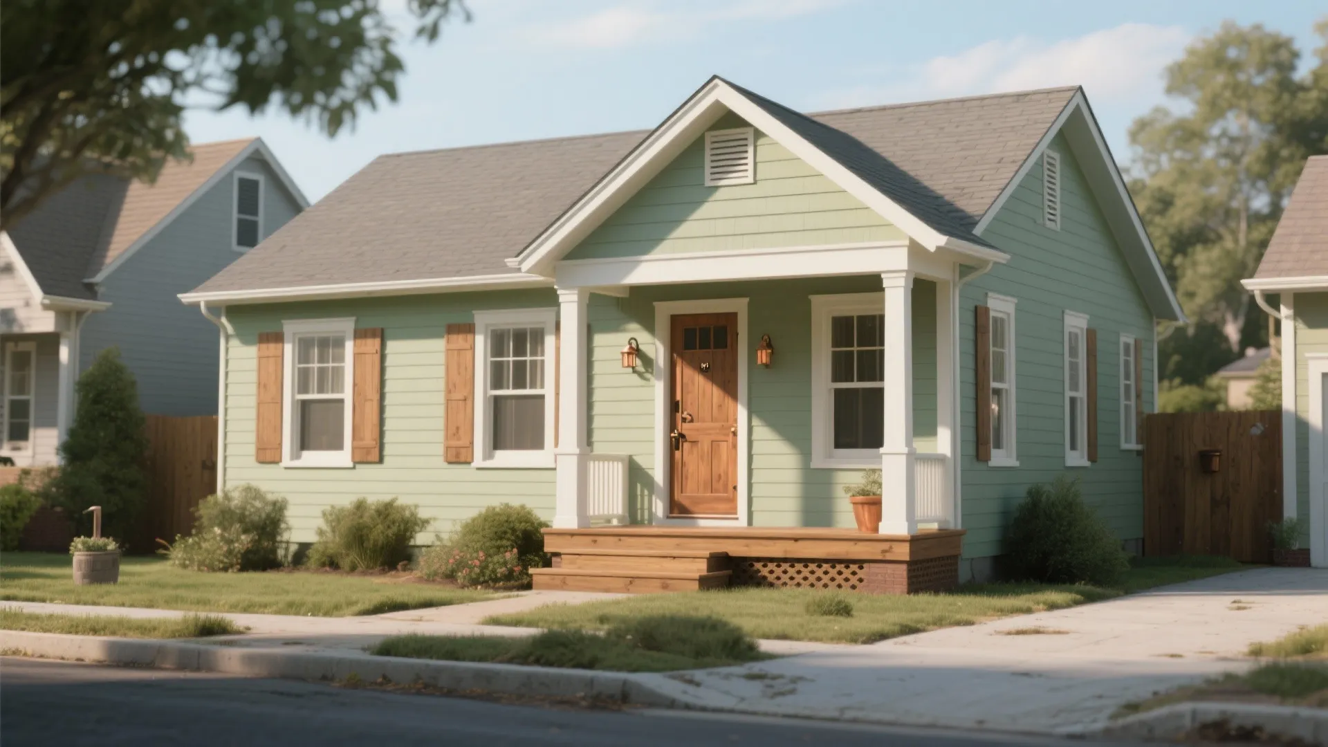 Small light green house with white porch columns wood door and shutters on green lawn