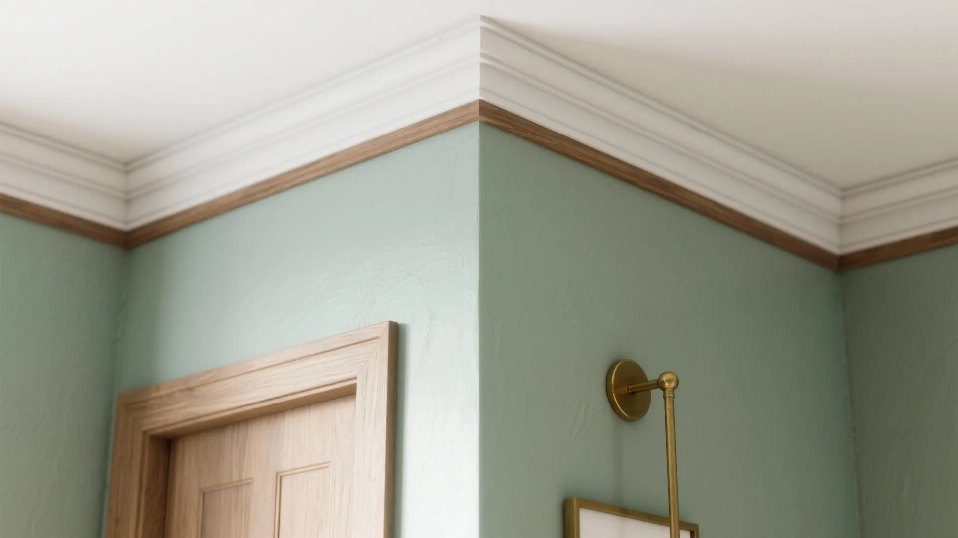 Close-up of soft sage wall, white ceiling and oak trim showing paint and wood tones