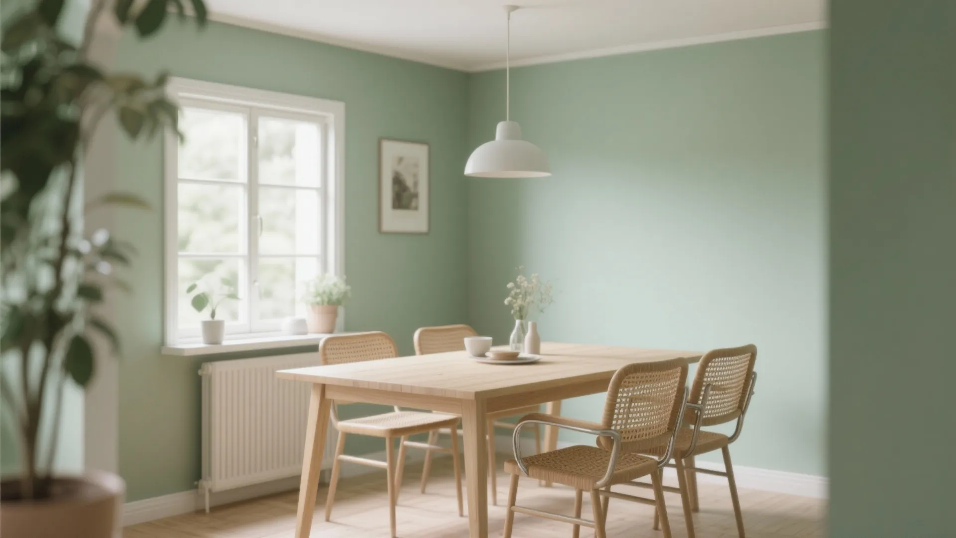 Dining nook with sage green walls and light wood furniture