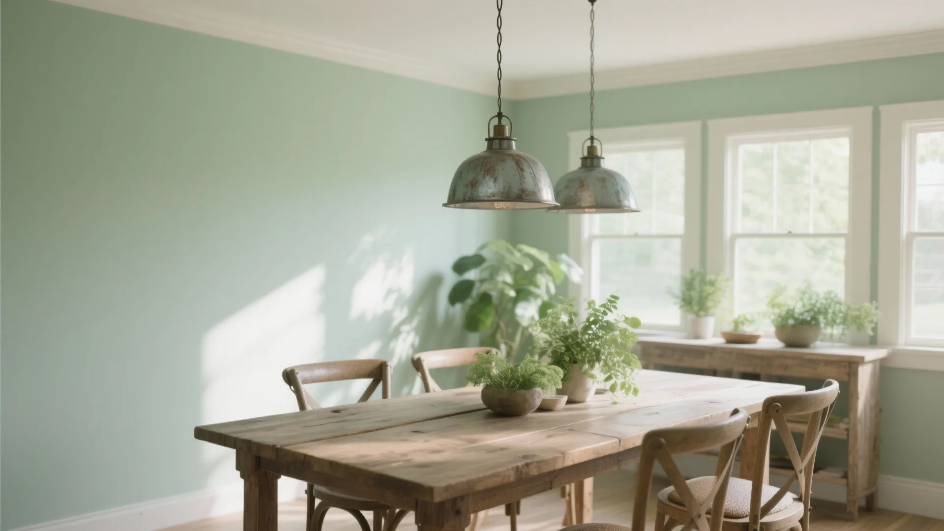 Dining room with soft sage green walls and rustic table