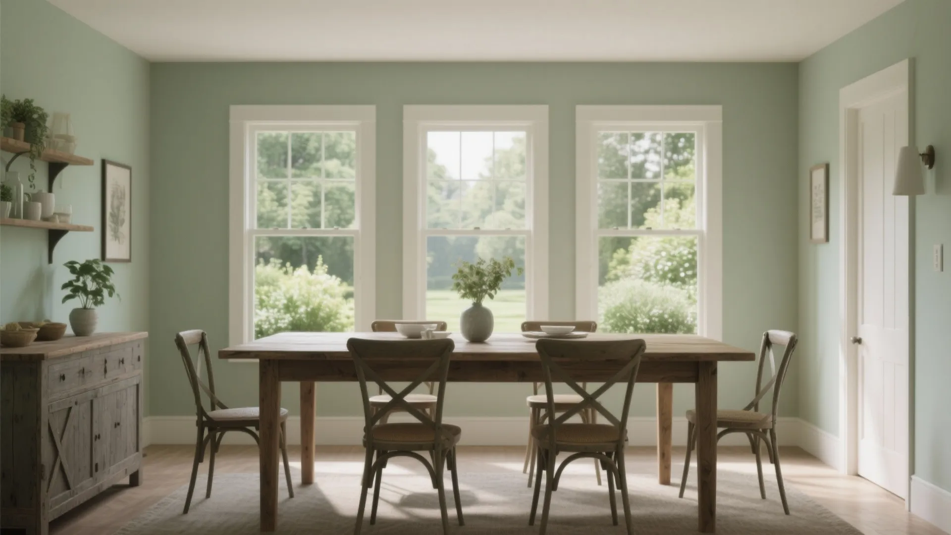 Light green dining room with long wooden table three large windows wooden cabinet and simple chairs