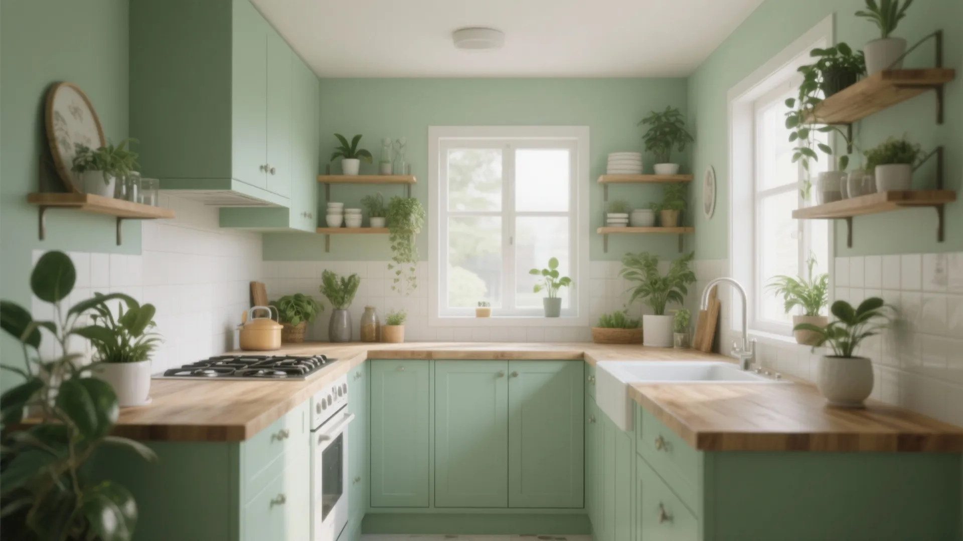 Soft green kitchen with wooden countertops white tiles window and many green plants in pots
