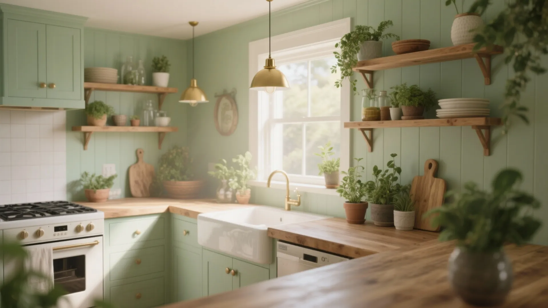 Green kitchen with wooden counters white sink gold ceiling light open shelves and many potted plants