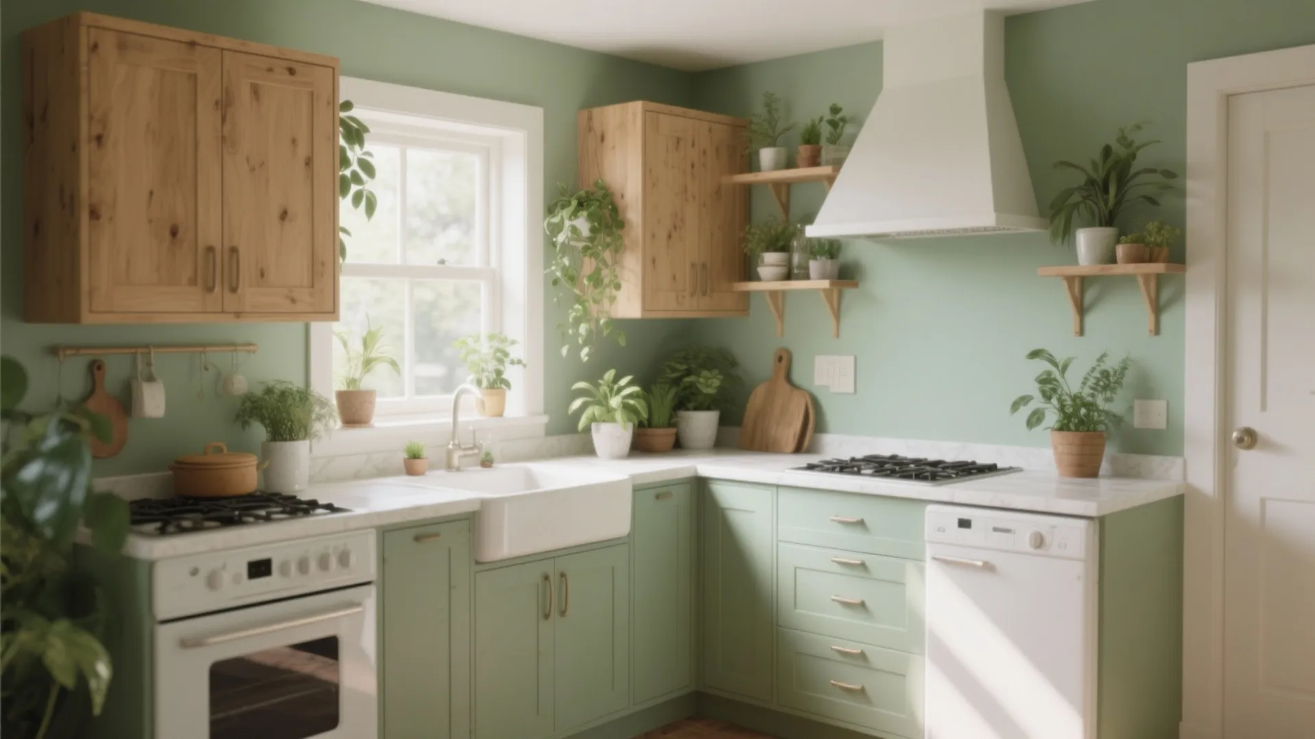 Small green kitchen featuring wooden cabinets and white sink with many indoor plants and window