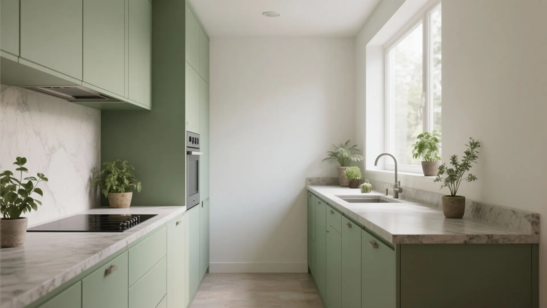 Minimalist sage green kitchen cabinets with white marble countertops sink window and small green plants