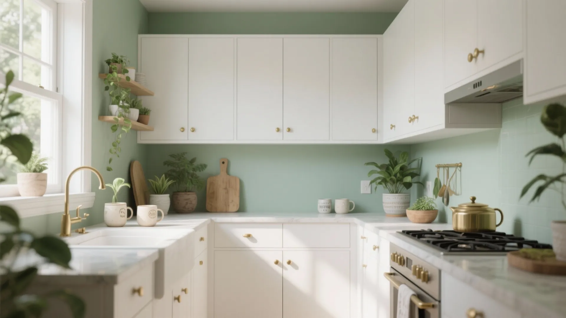 Light green kitchen interior with white cabinets gold faucet stove top sink and many potted plants