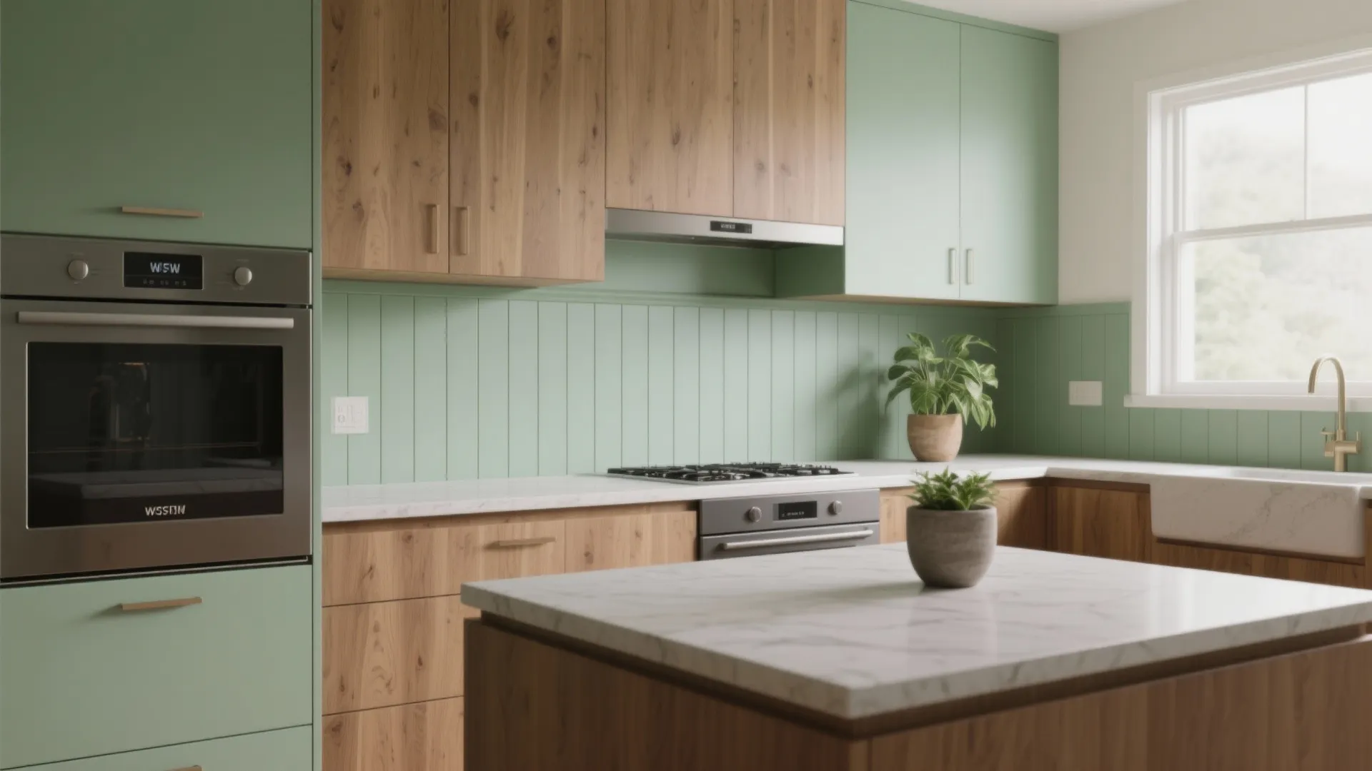 Modern kitchen with sage green cabinets wood cupboards marble island white window and green wall panel