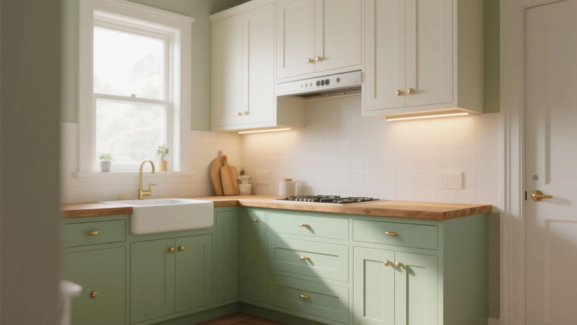 Light green kitchen cabinets with wood countertop white sink gold faucet and under cabinet lighting