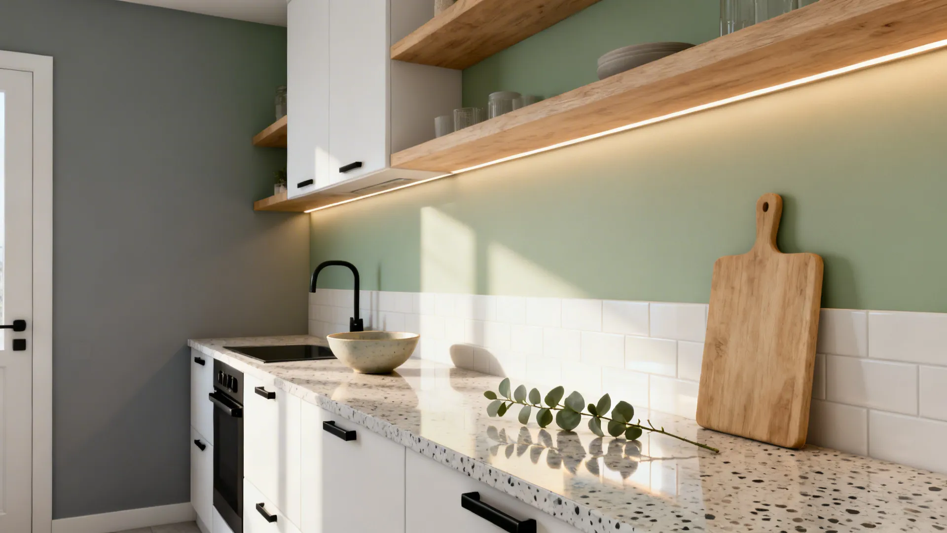 Modern kitchen featuring white cabinets green walls wooden shelves and warm light under the shelf
