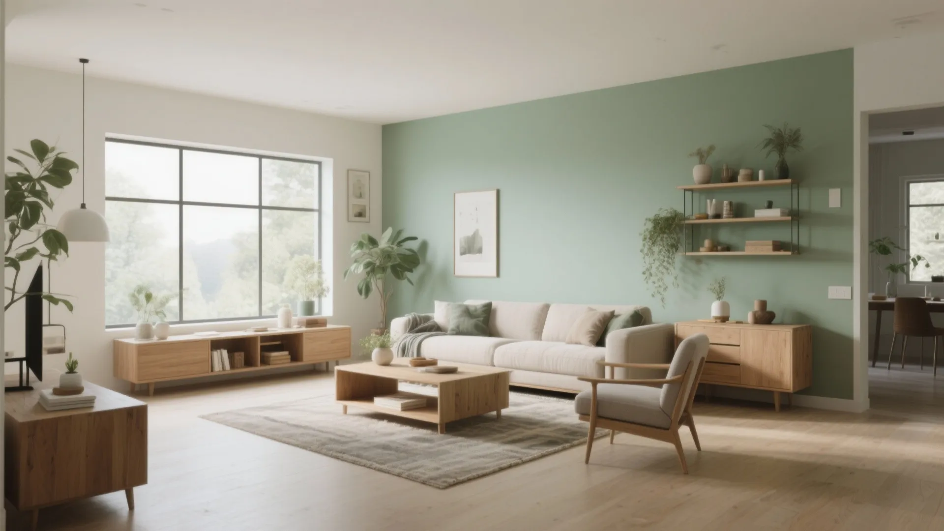 Soft sage green living room with natural textures and wooden furniture