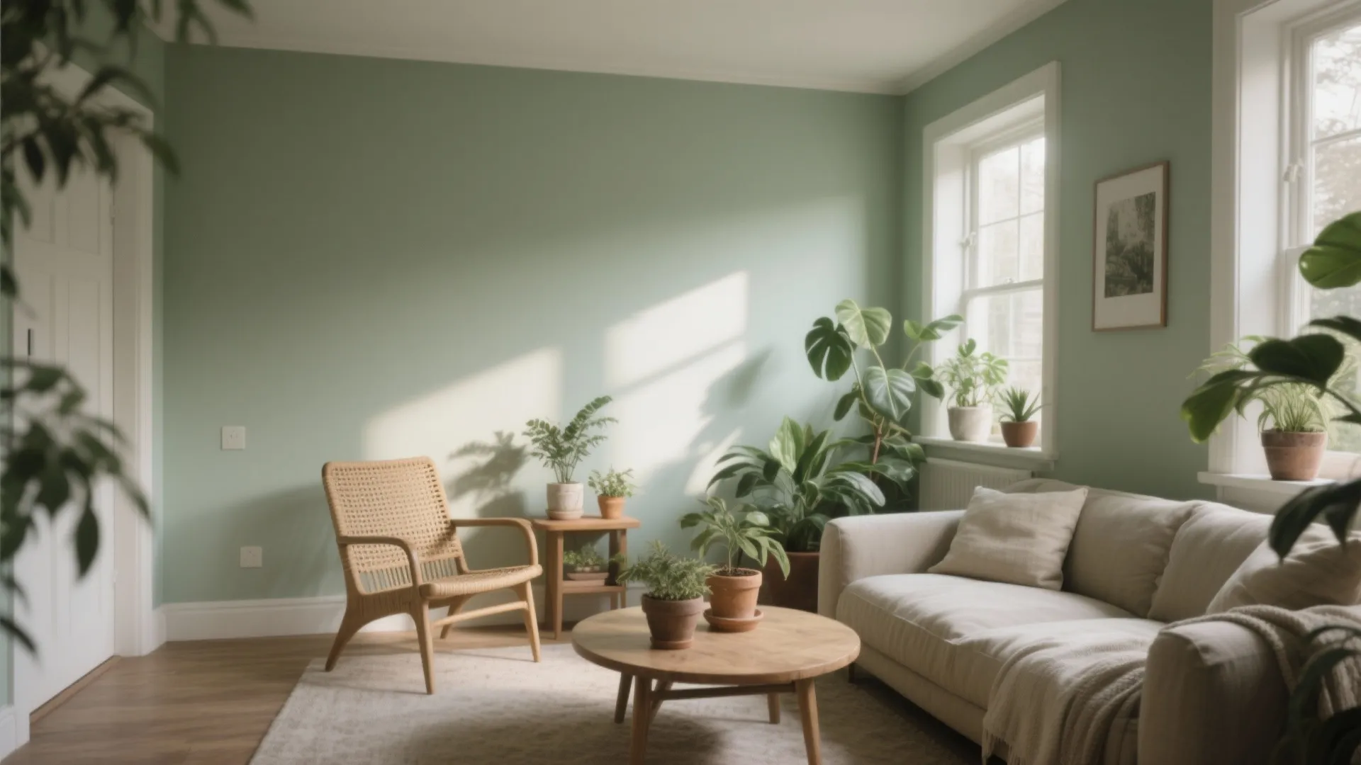 Sage green living room with beige sofa, wooden coffee table, woven chair, and green indoor plants