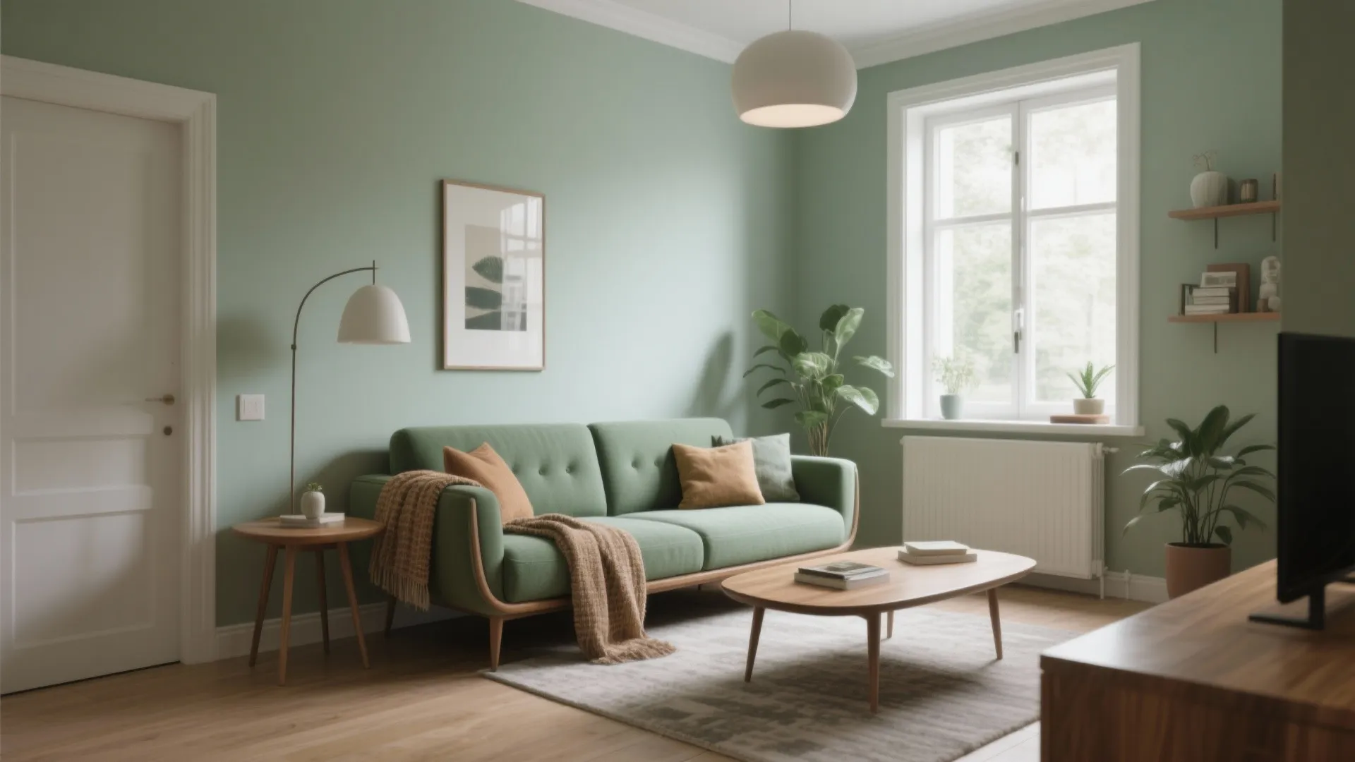 Sage green living room with matching sofa wooden coffee table floor lamp and white window