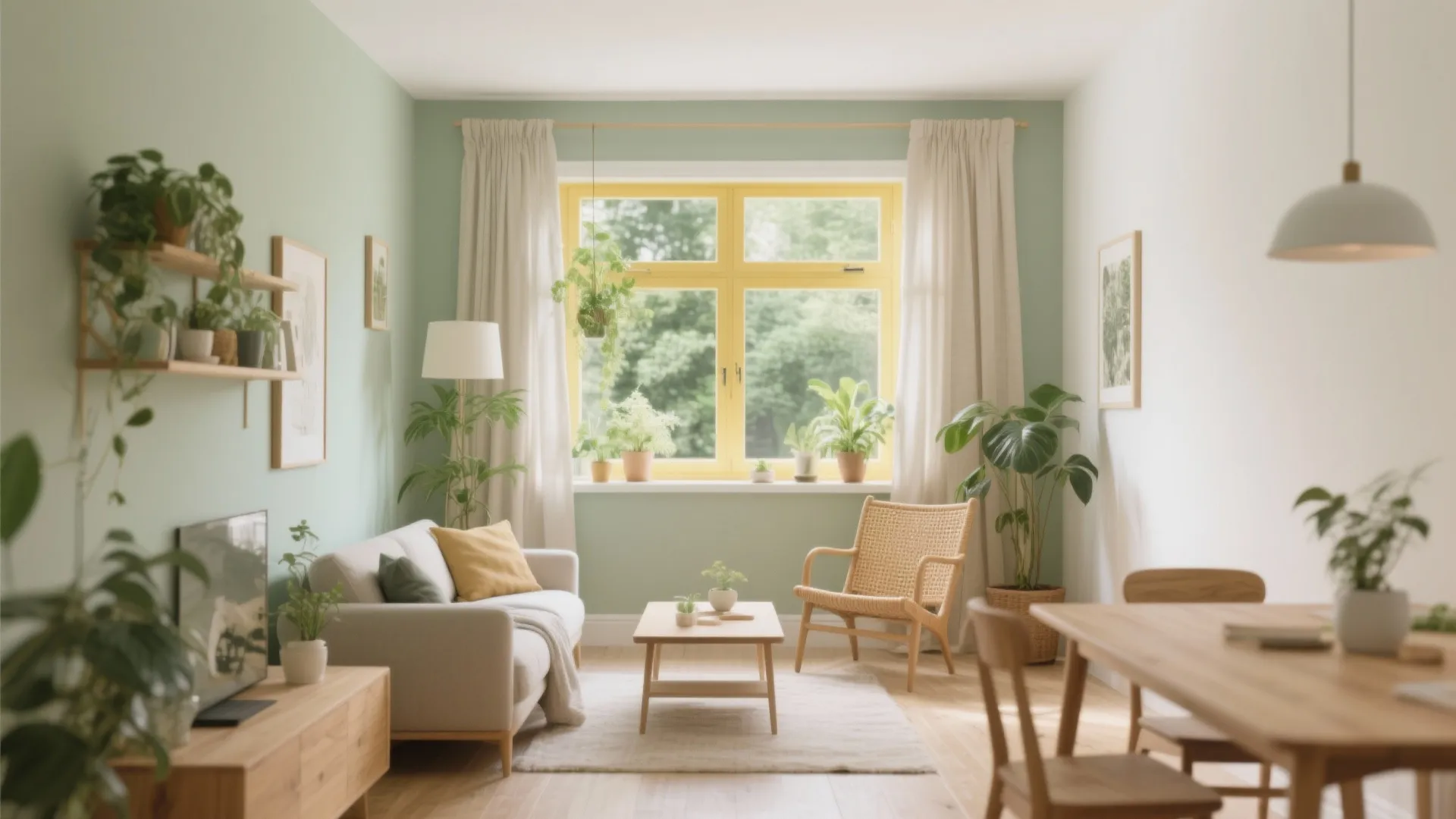 Light green living room with white sofa, wooden coffee table, indoor plants, and a yellow window