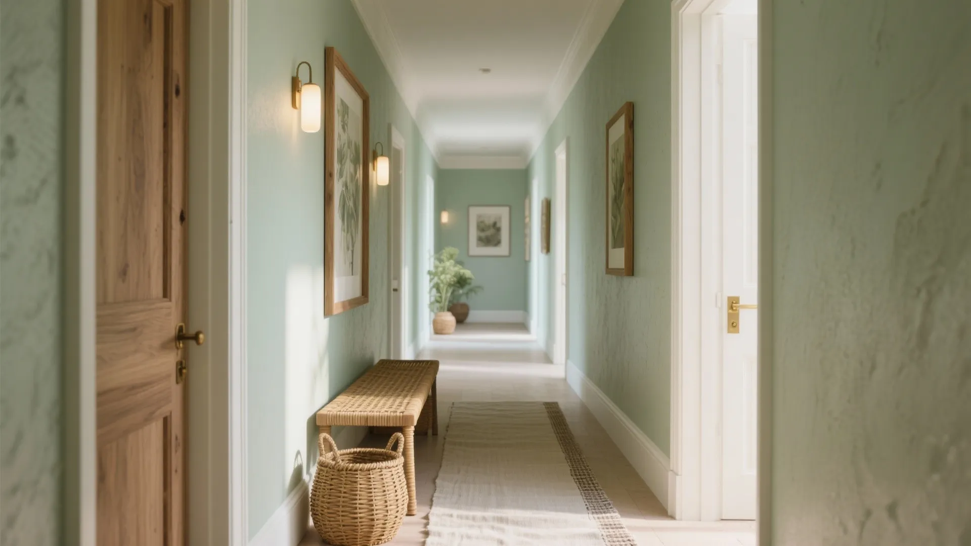 Light green hallway with wooden bench woven basket wall lights framed art and wooden door