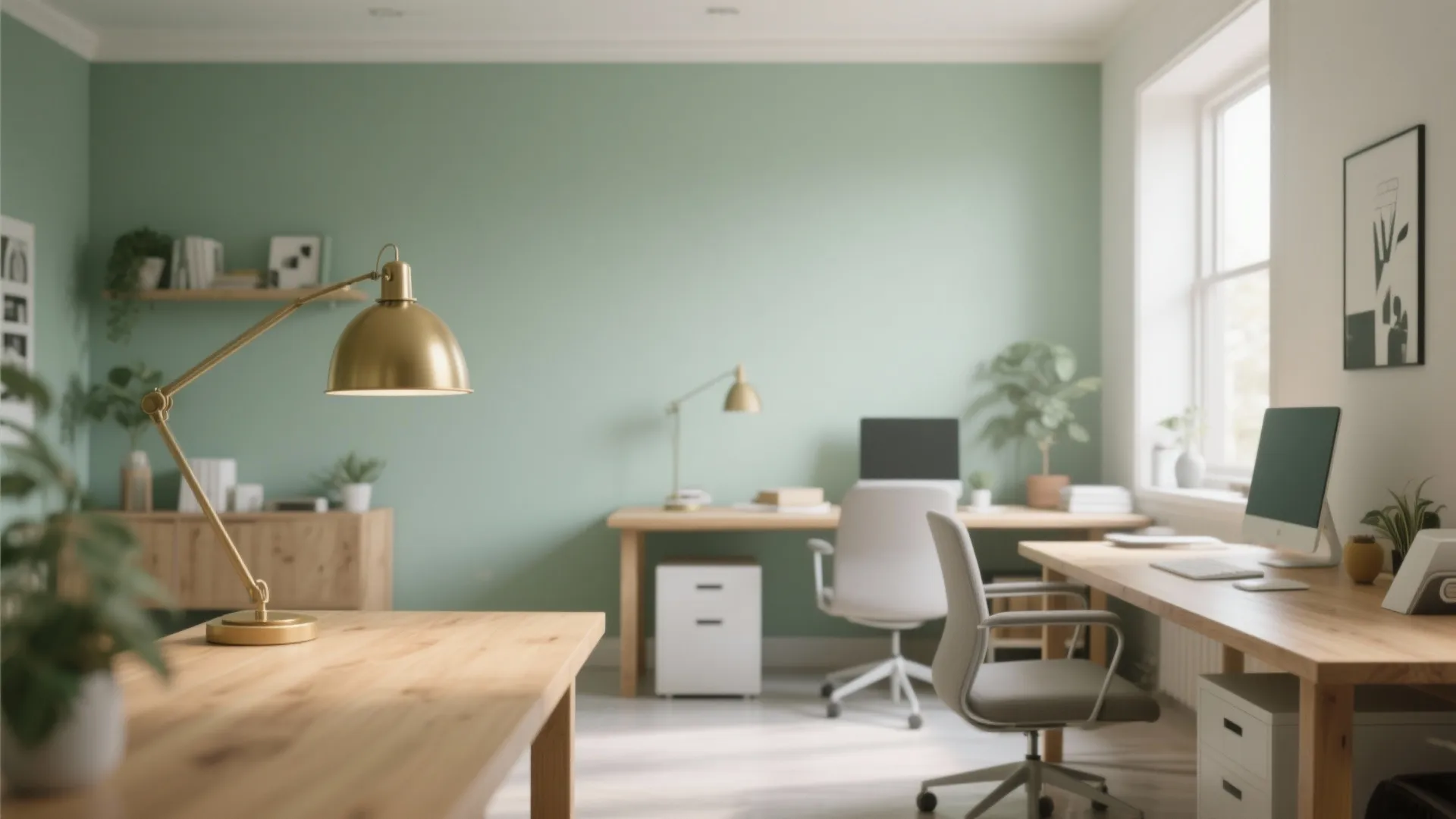 Modern home office with light green walls wooden desks gold lamp and white swivel chairs