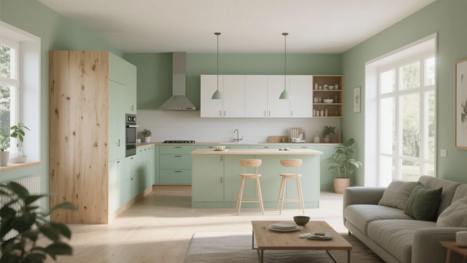 Sage green open-plan kitchen and living space featuring wood flooring, white cabinets, and ceiling lights
