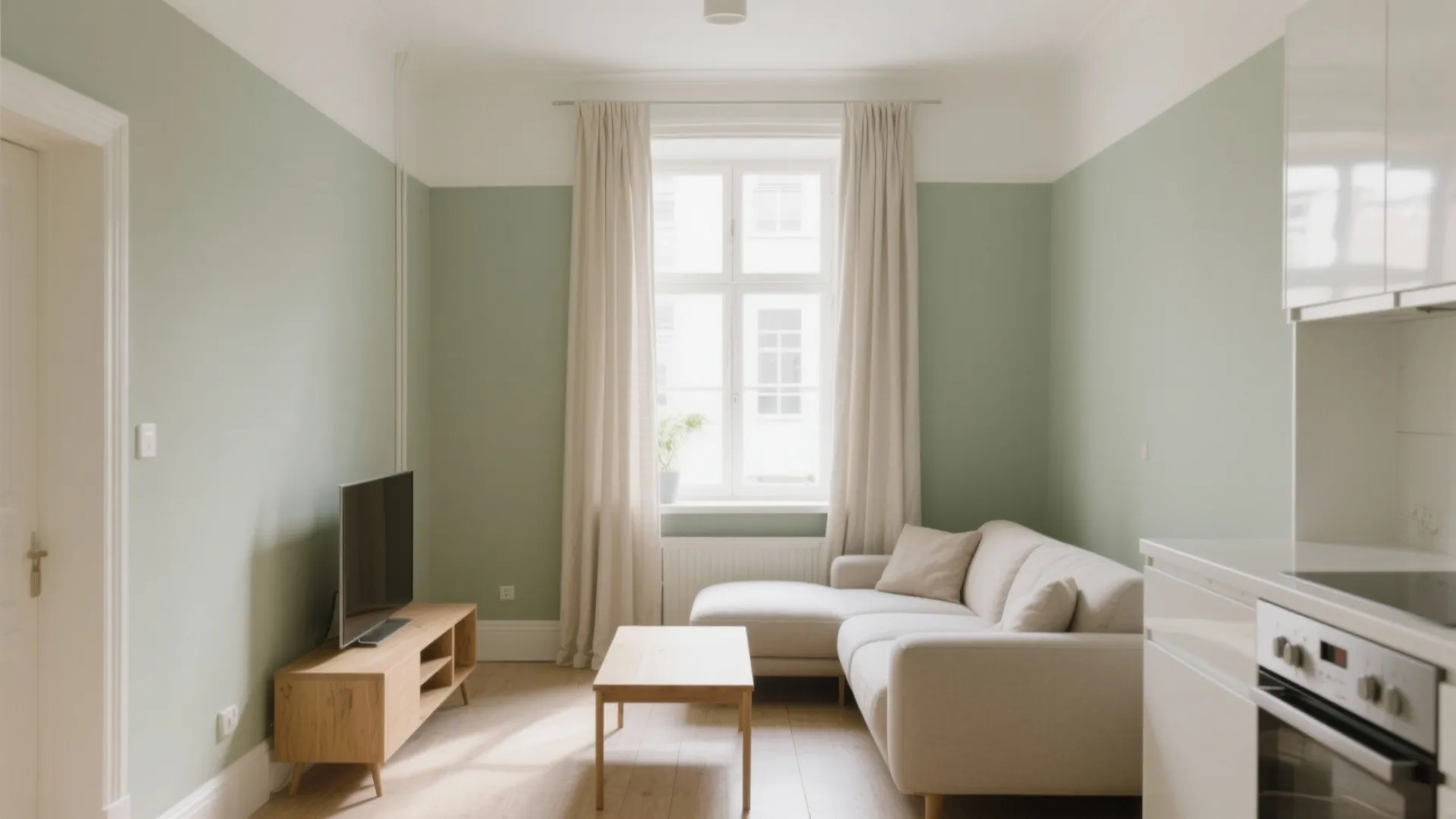 Modern sage green living room with white sofa wooden coffee table television and natural window light