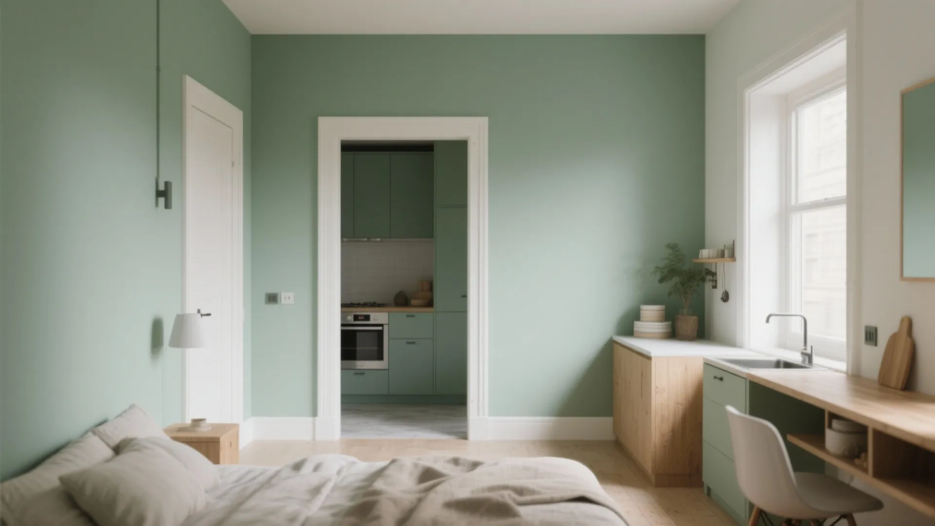 Studio apartment with sage green walls featuring a bed wooden desk and open kitchen view
