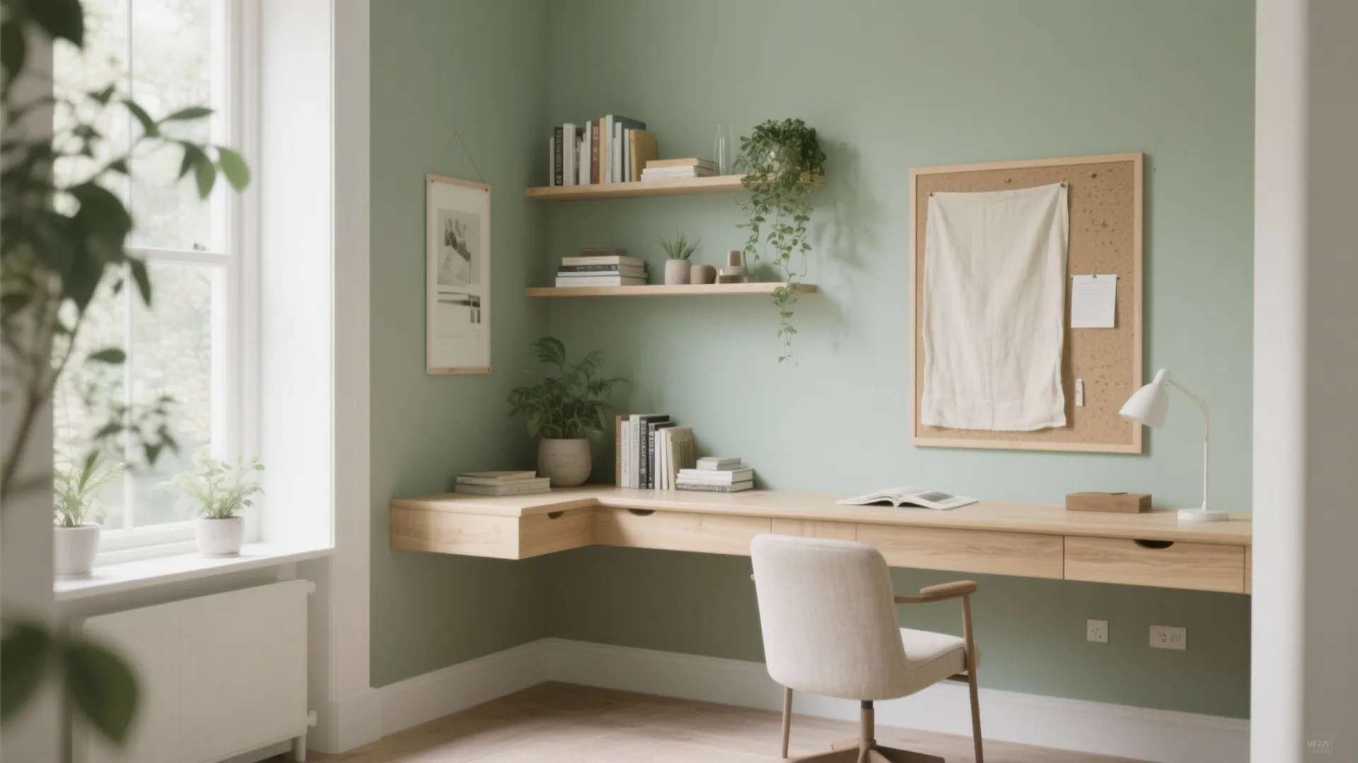 Minimalist home office with sage green walls wooden desk white chair floating shelves and green plants