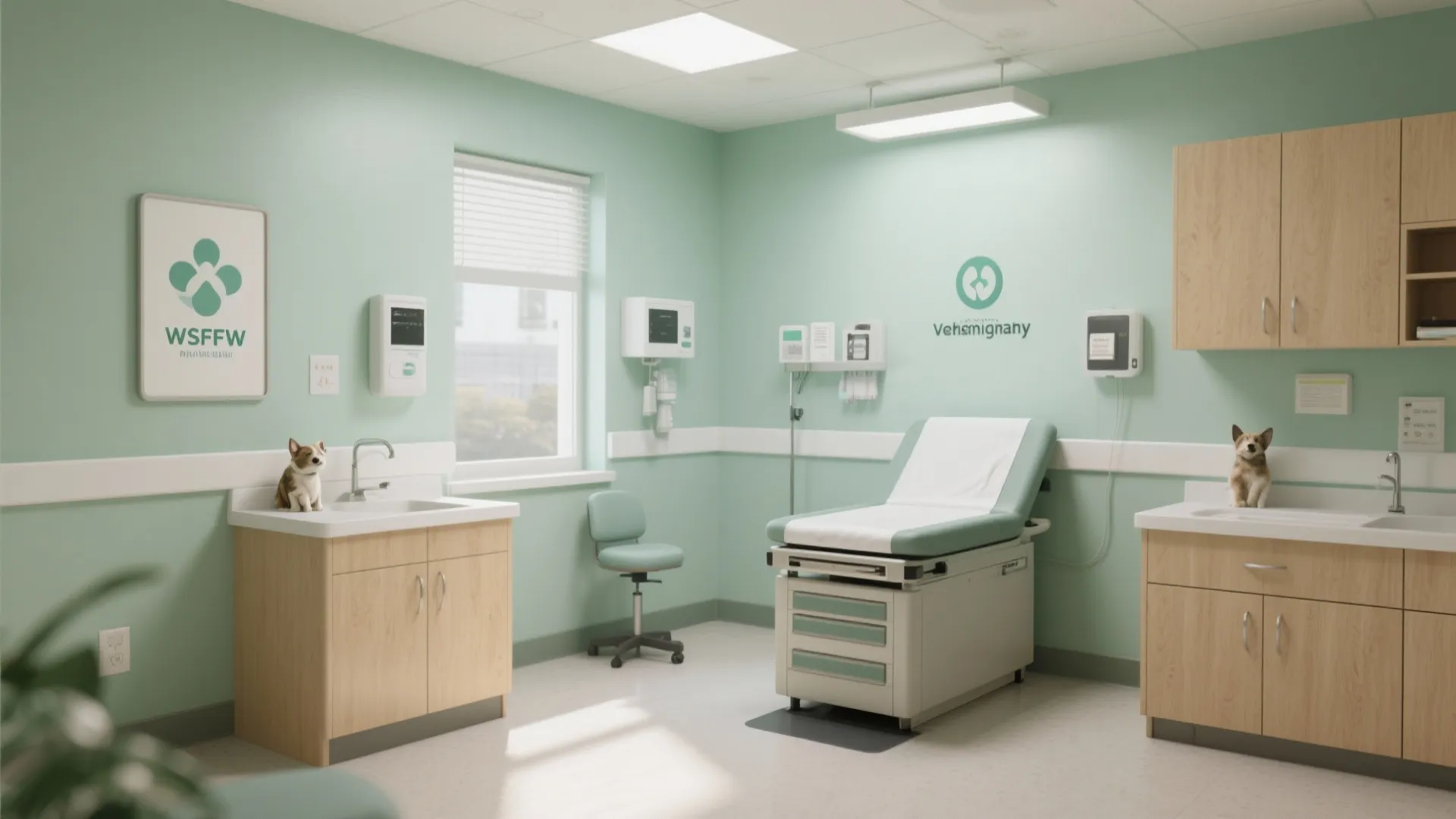 Veterinary exam room with soft sage green walls and calming decor