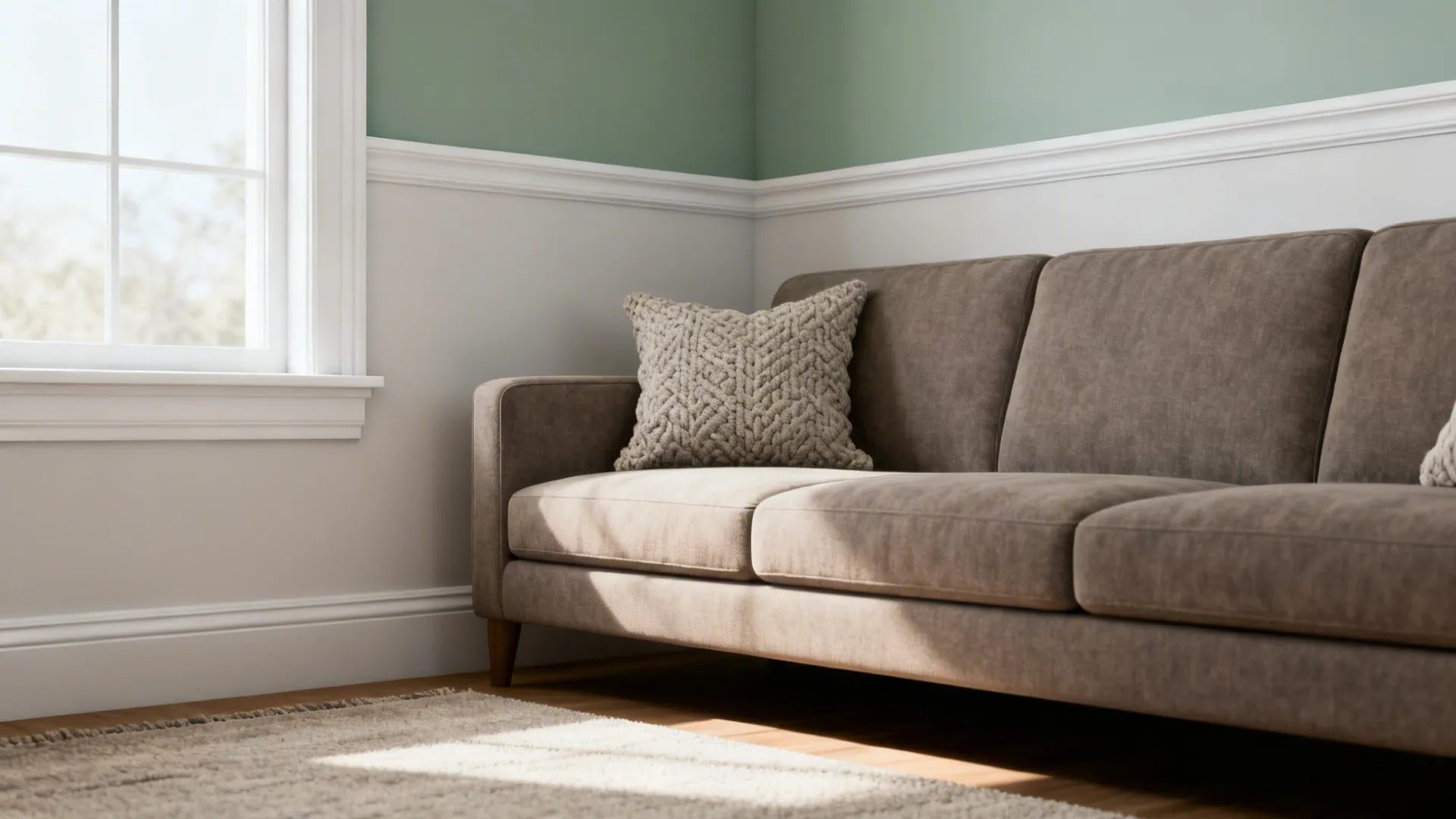 Small living room corner with soft sage accent wall, warm grey sofa and white trims