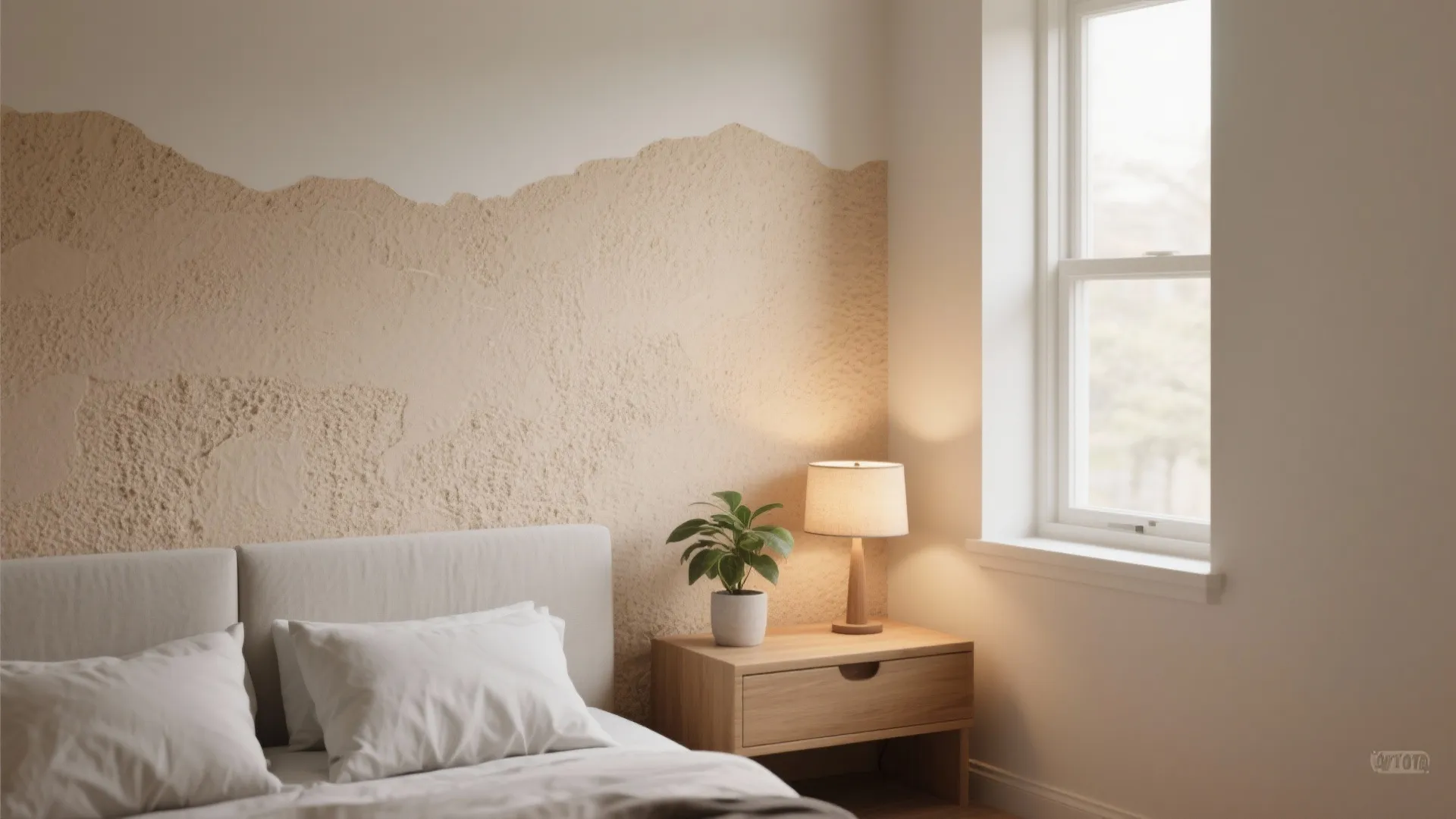 Minimalist bedroom with textured sand wall featuring white bed and a wooden nightstand with lamp