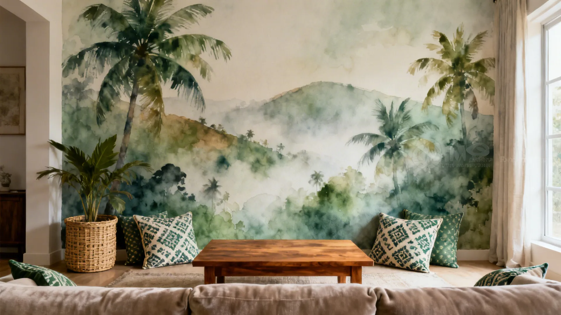 Desaturated tropical scenic mural behind a sofa adds gentle depth in an Indian living room.