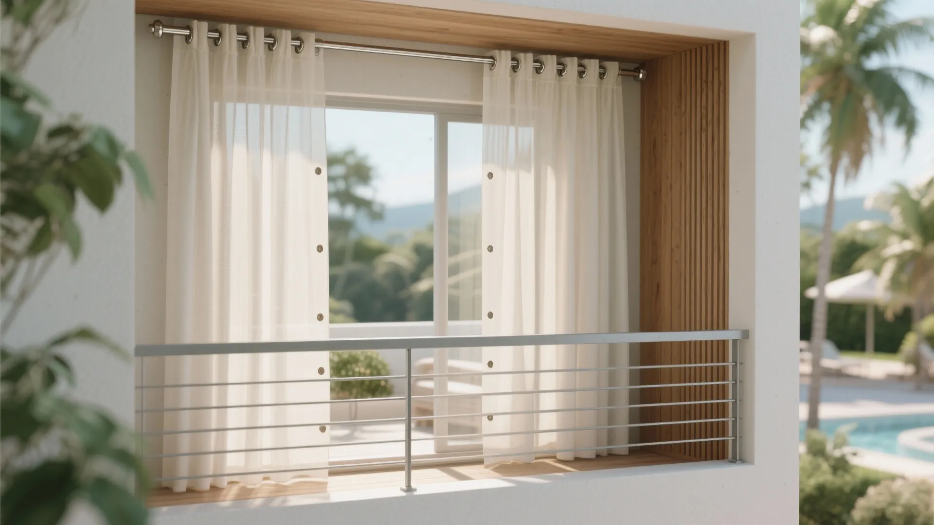 Modern balcony window featuring white light curtains and wooden wall panel with a bright outdoor view