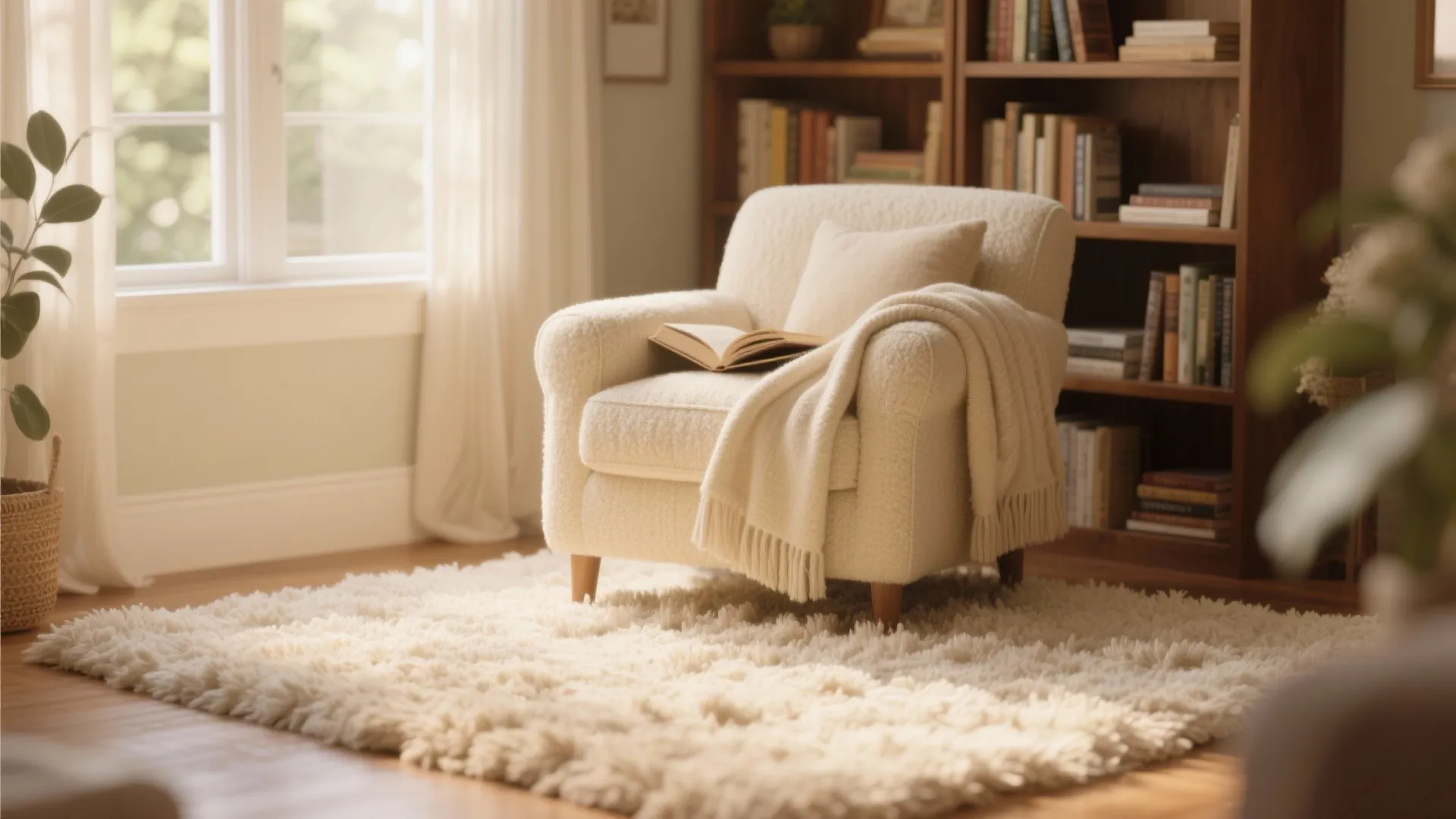 Soft white shag rug in cozy living room with cream armchair bookcase and warm sunlight
