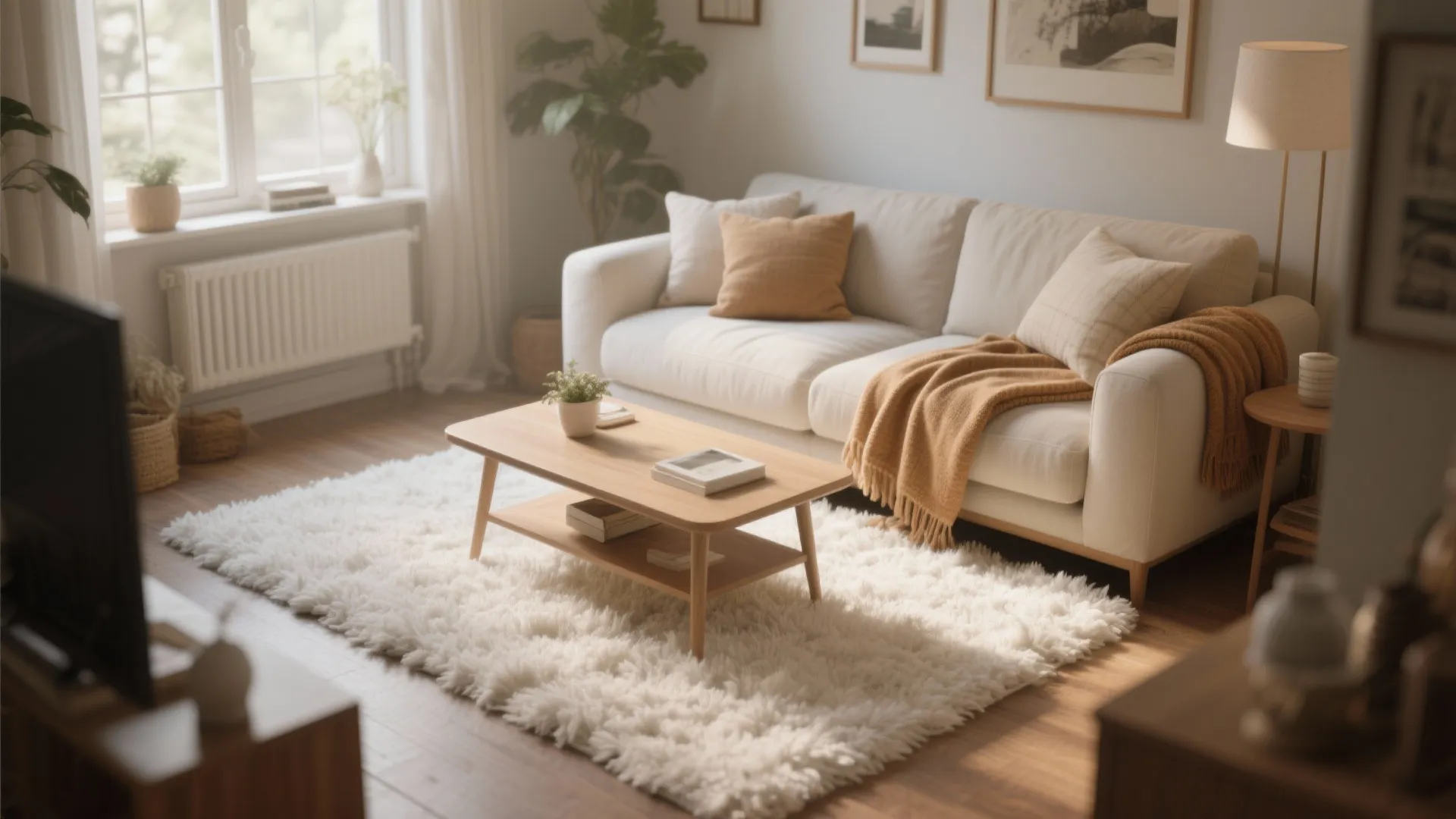Cozy living room with white shag rug under coffee table
