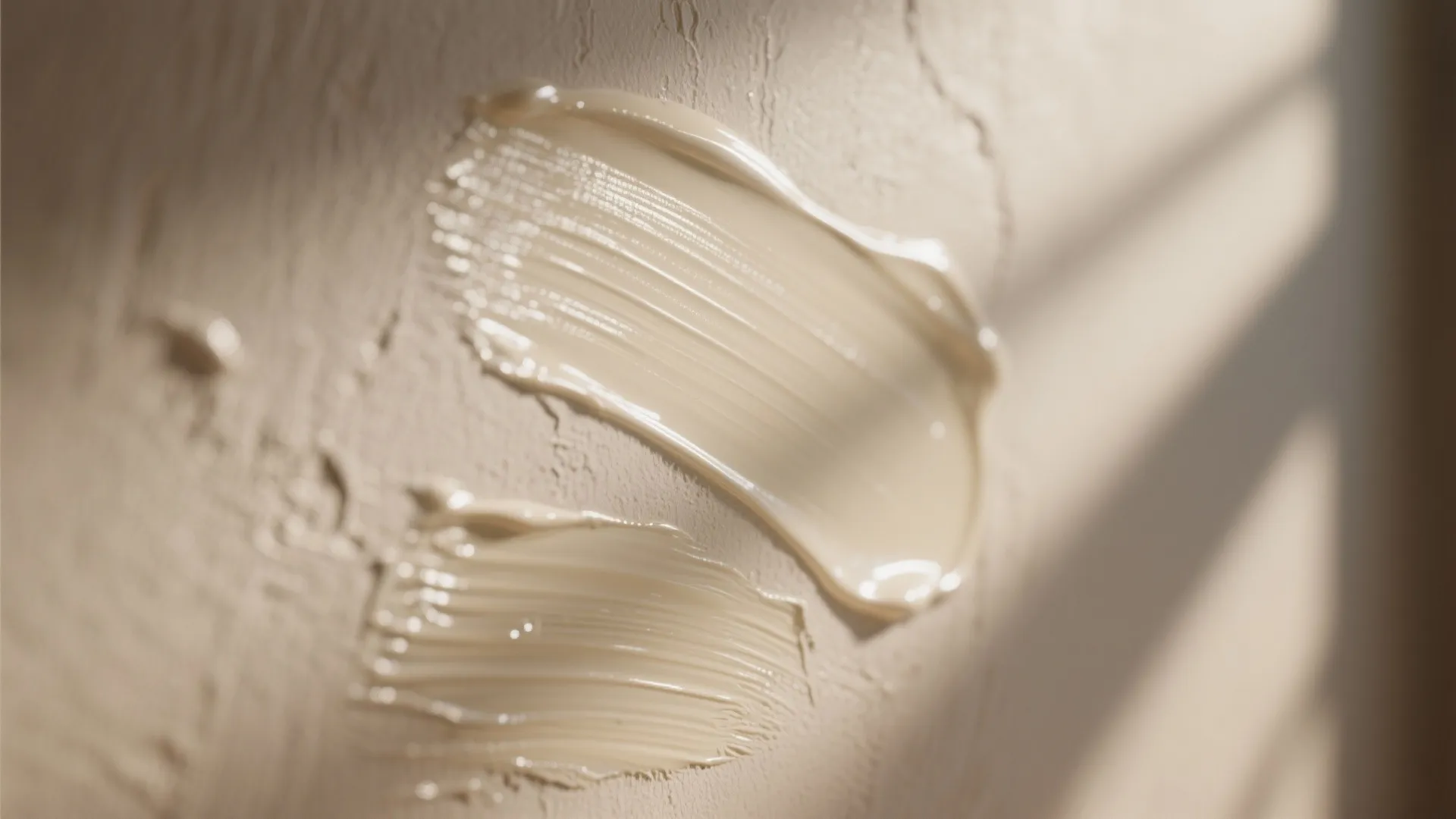 Two smooth smears of beige glossy paint on a textured wall showing natural soft light