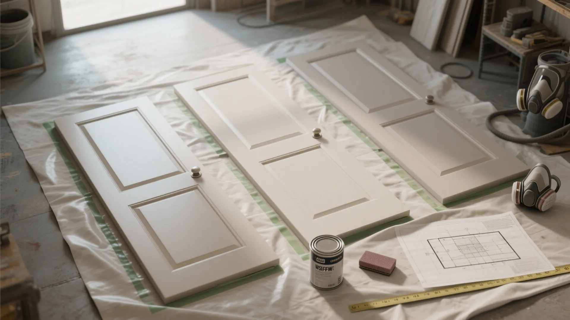 Top-down view of doors laid flat being sprayed with soft-sheen finishes and prep tools visible.