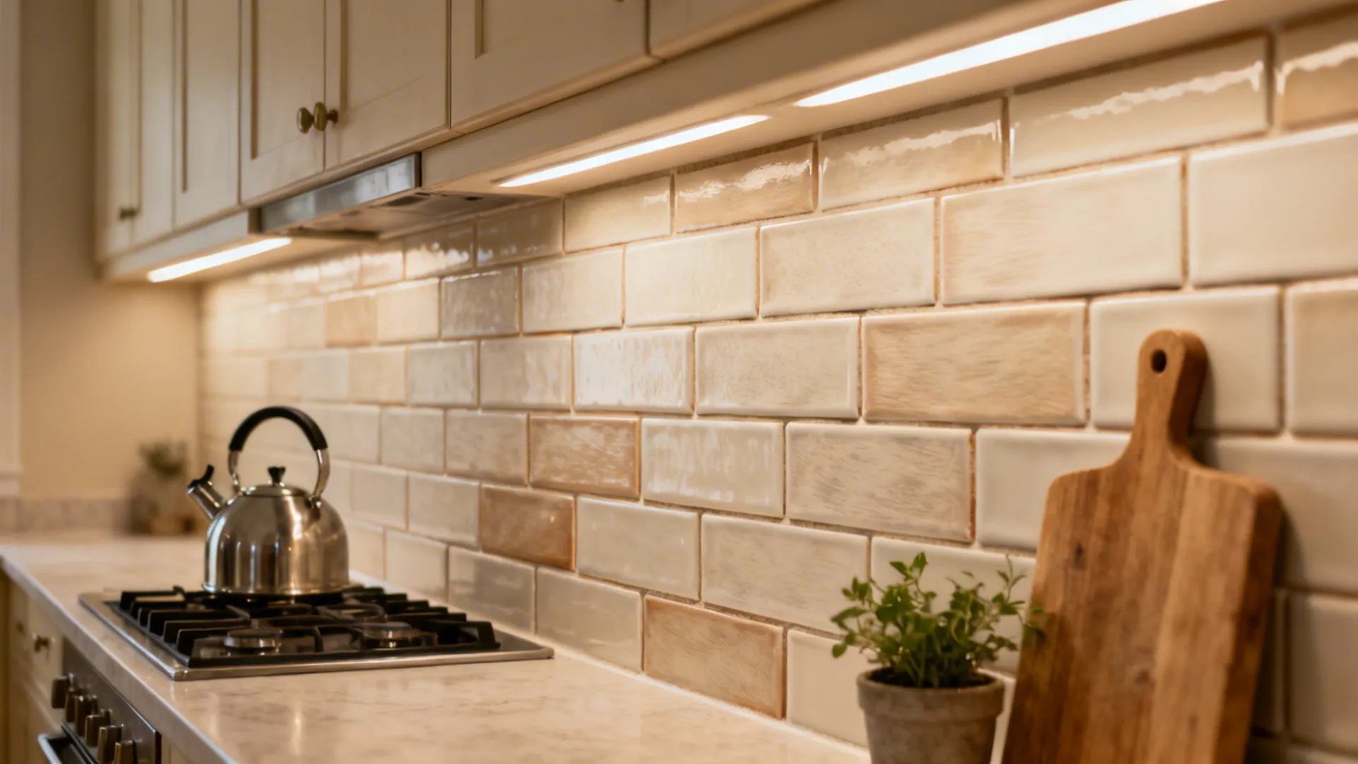 Lightly textured satin-sheen subway tile backsplash in a compact galley kitchen with warm neutral tones.