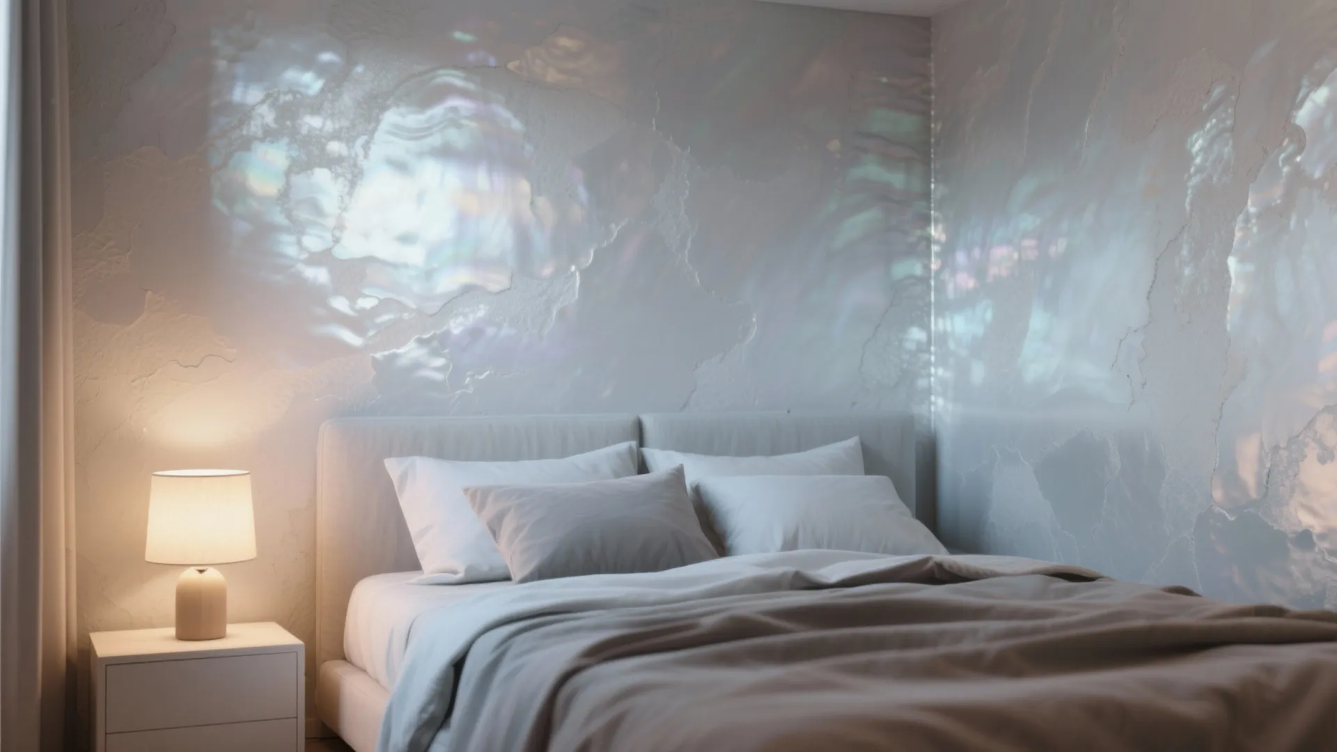 Modern bedroom with white pillows grey duvet bedside table lamp and shimmering silver textured wall