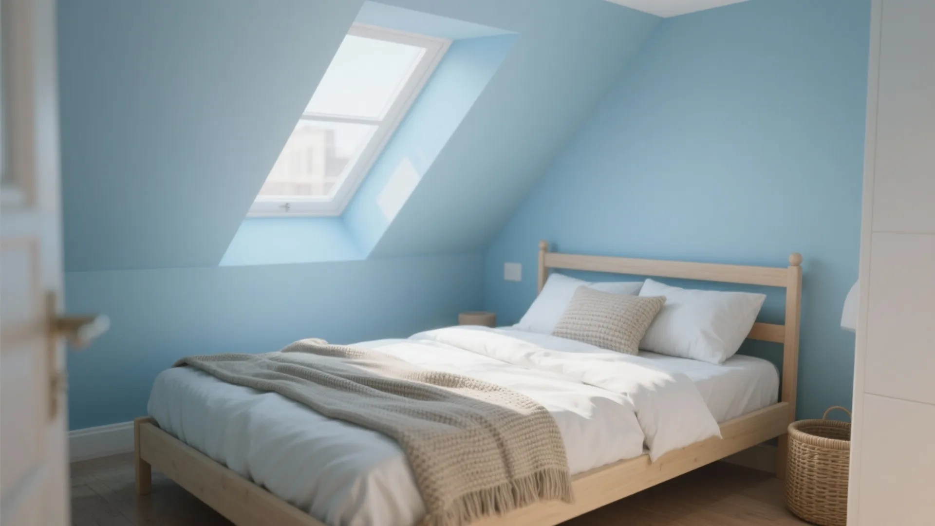 Blue attic bedroom featuring wooden bed frame with white bedding and a large roof window