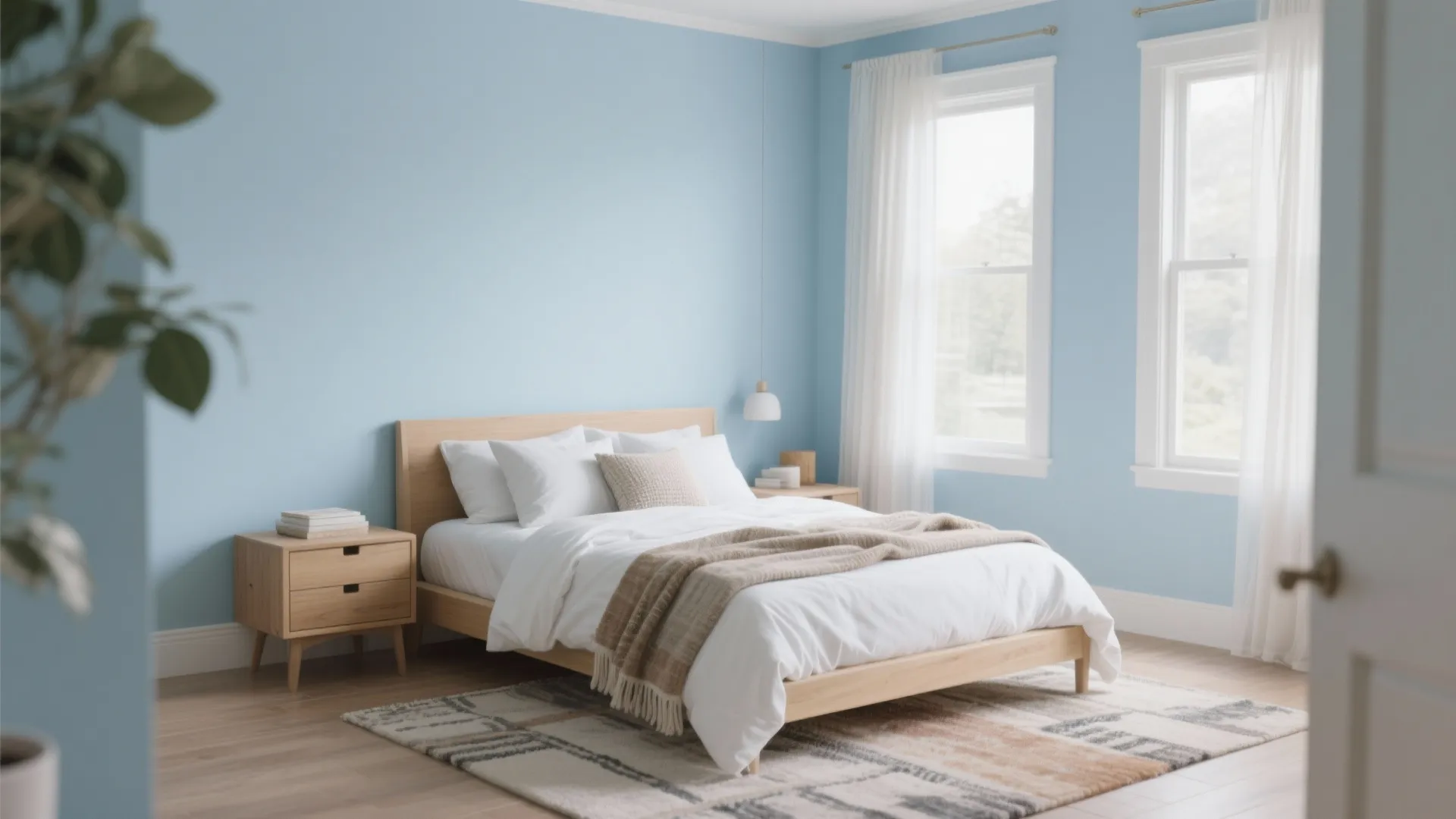 1. Soft Sky: Pale Blue, Crisp White, and Natural Wood