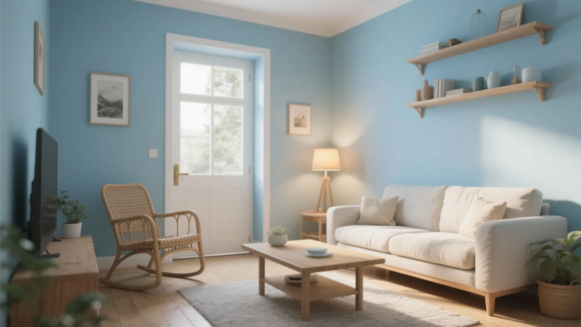 Bright living room with light blue walls white sofa wooden coffee table and woven rocking chair