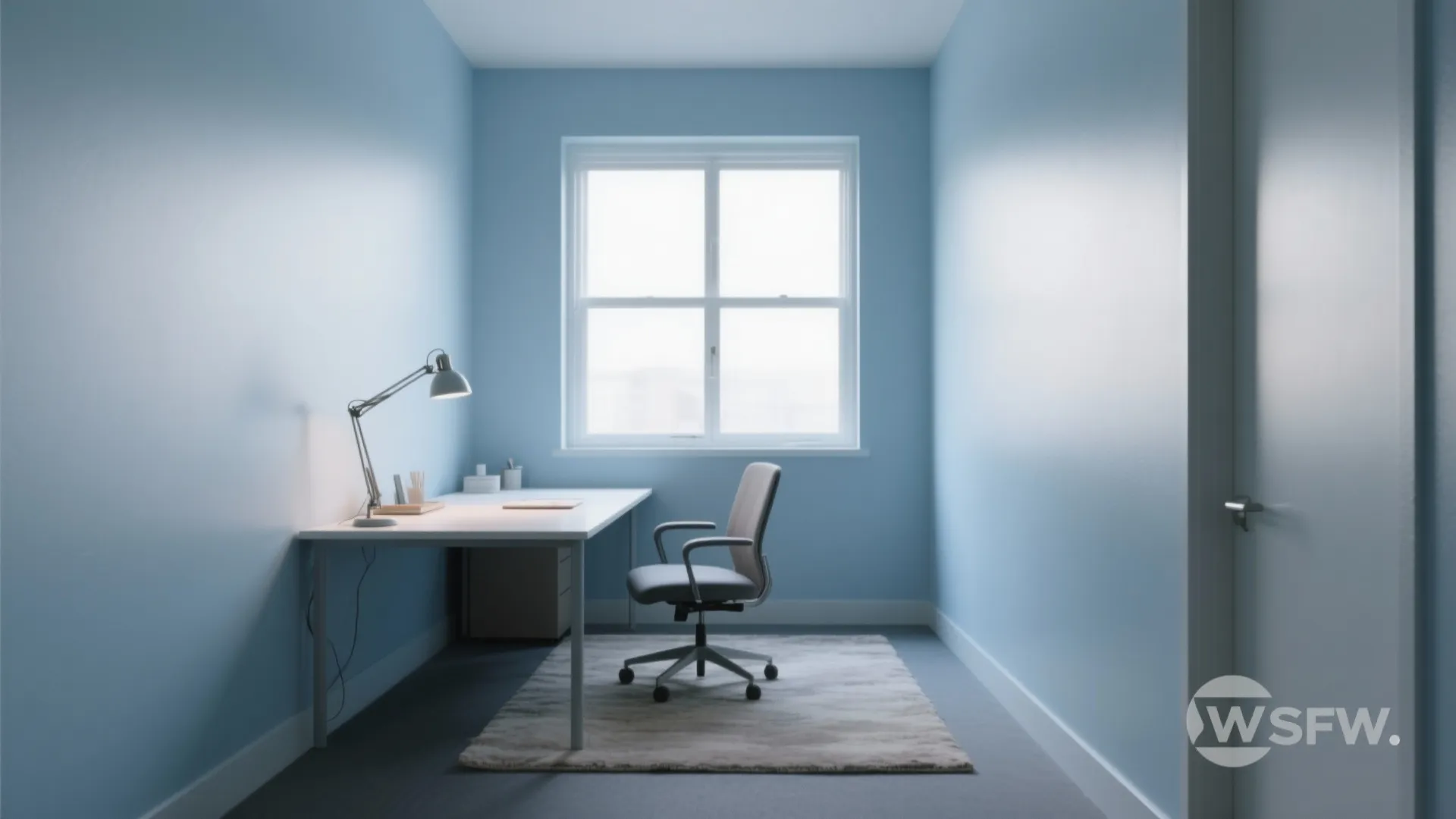 Small home office with light blue walls white desk grey chair rug and large white window